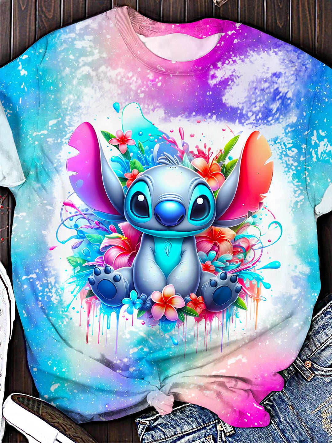 Flower Cute Cartoon Print Crew Neck T-shirt