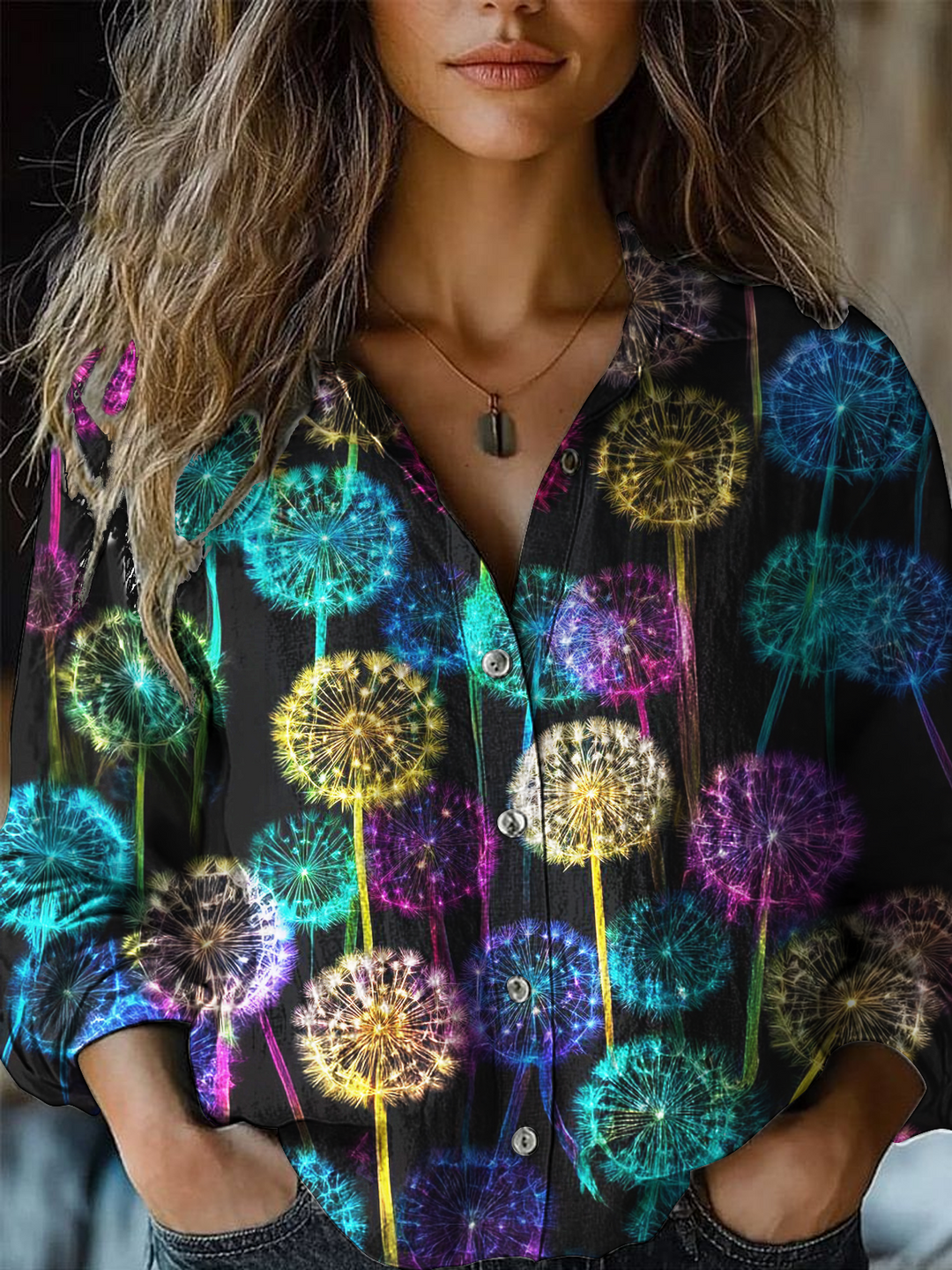 Whisper of Wisdom Hippie Dandelion Art Women's Printed Casual Shirt