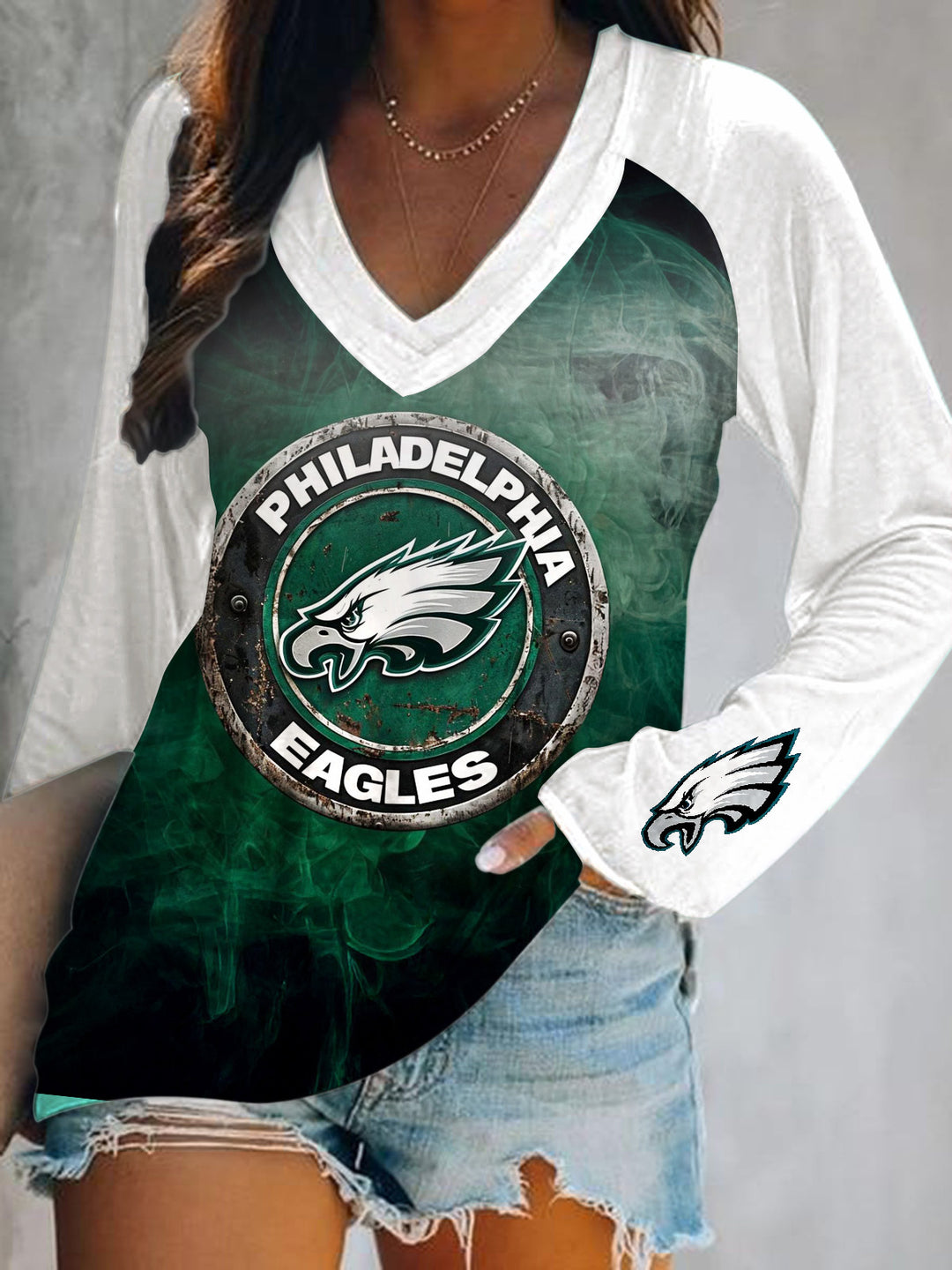 Philadelphia Eagles Print V-Neck Long Sleeve Top