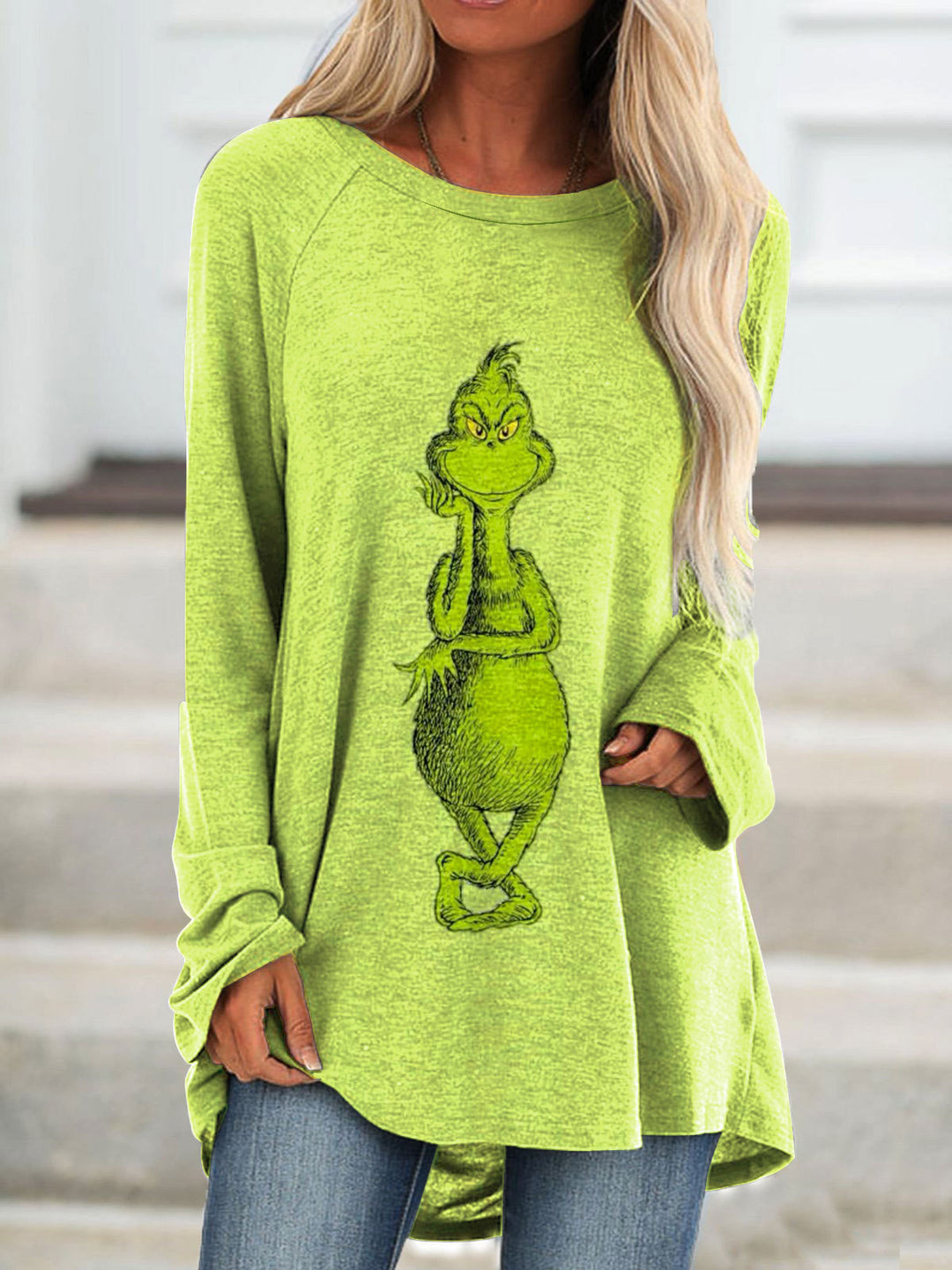 Women's Happy Christmas To Green Monster Round Neck Long Sleeve Printed Top