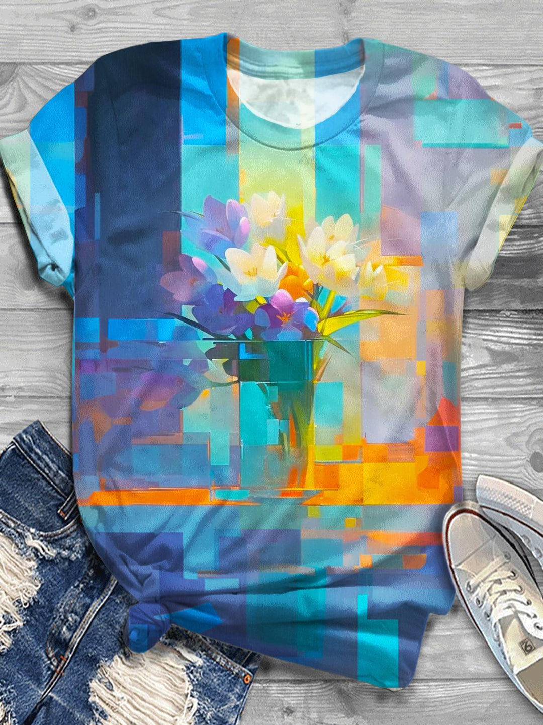Flower Glass Printed Crew Neck T-shirt