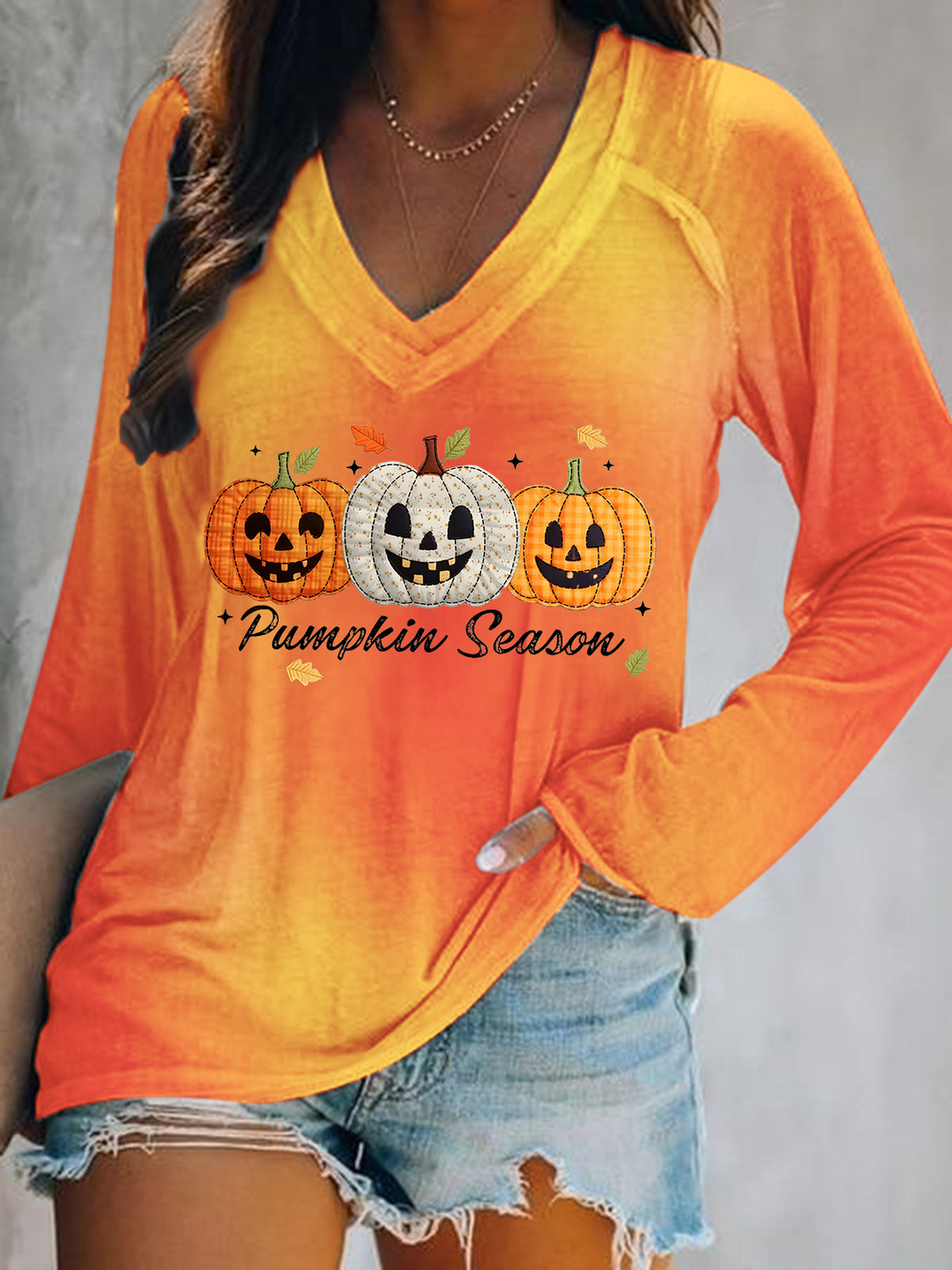 Preppy Patchwork Pumpkin Season Print V-Neck Long Sleeve Top