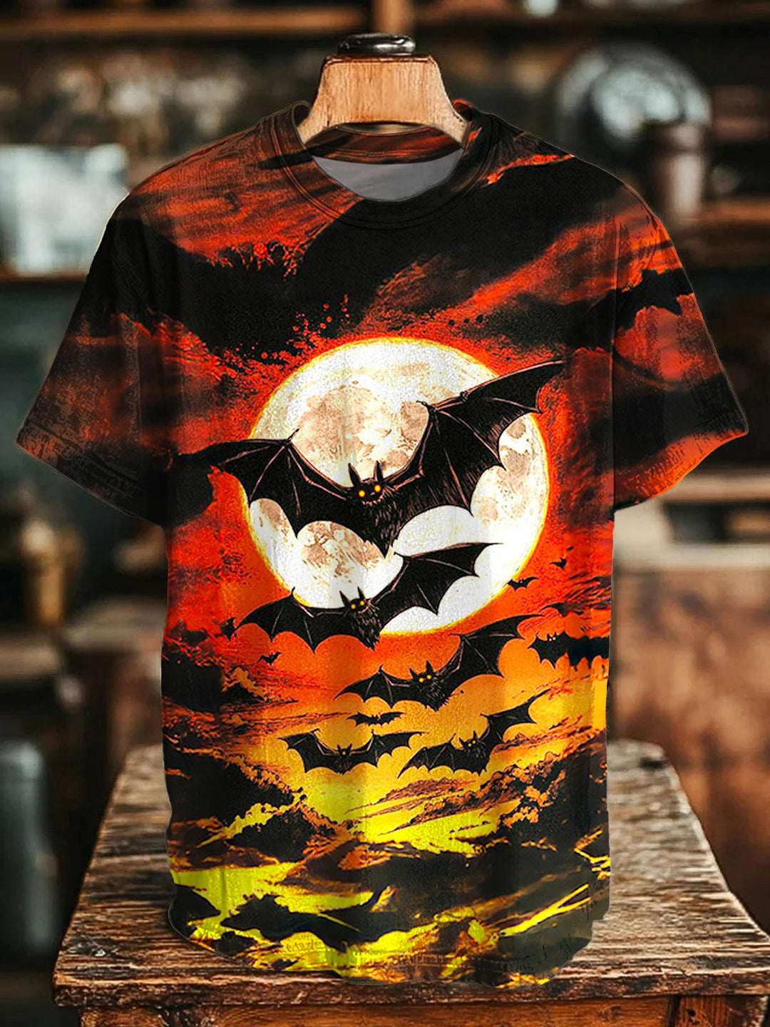 Halloween Sunset Bat Print Crew Neck T-shirt