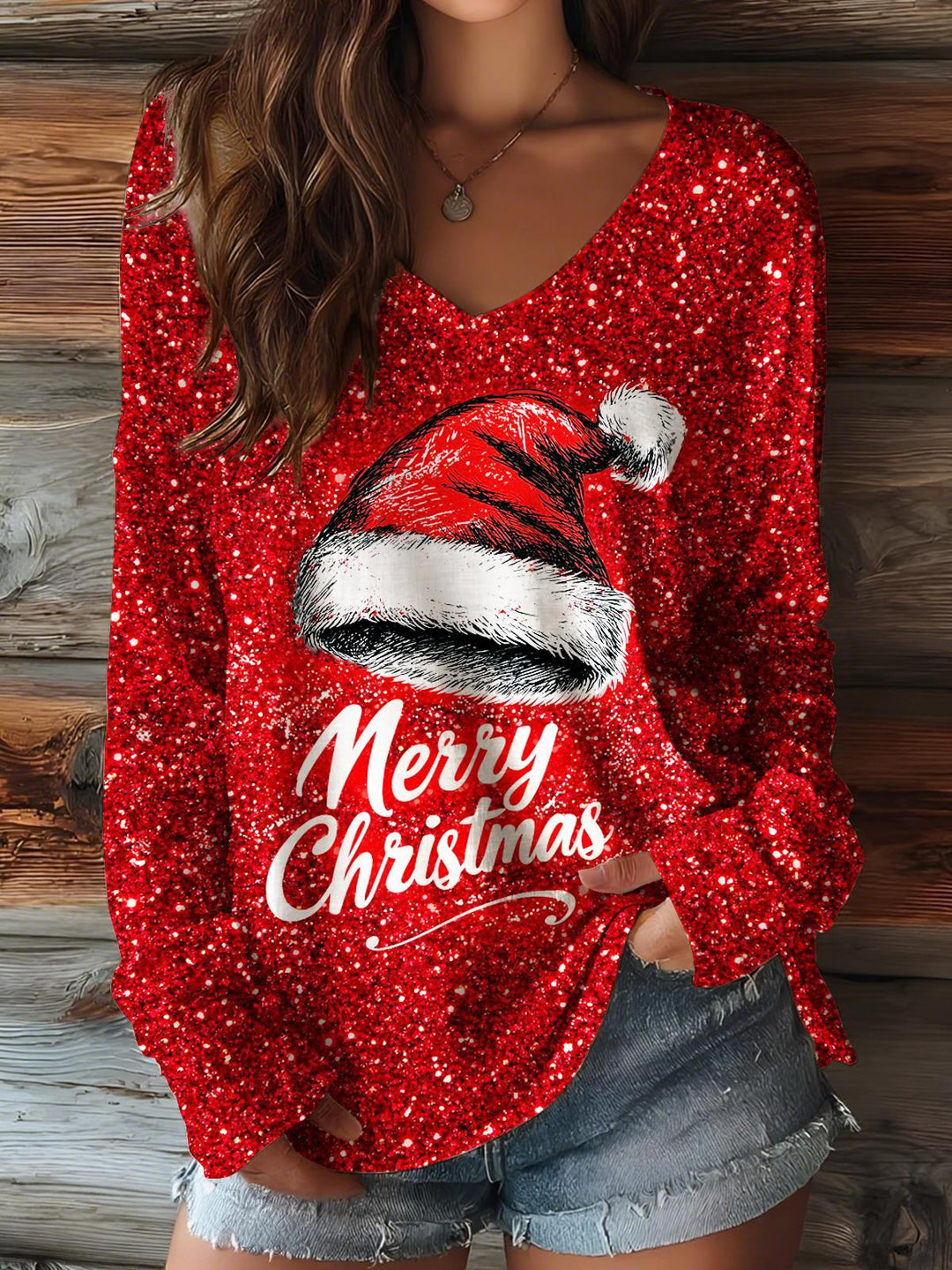 Christmas Sequined Santa Hat Print V-neck Long Sleeve Top