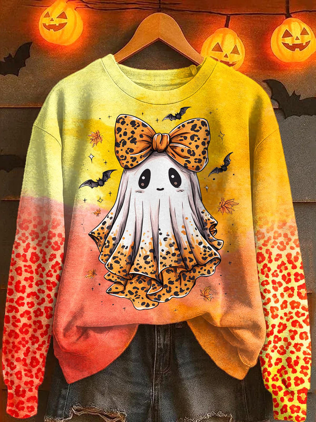 Halloween Leopard Ghost Printed Long Sleeve Casual Top