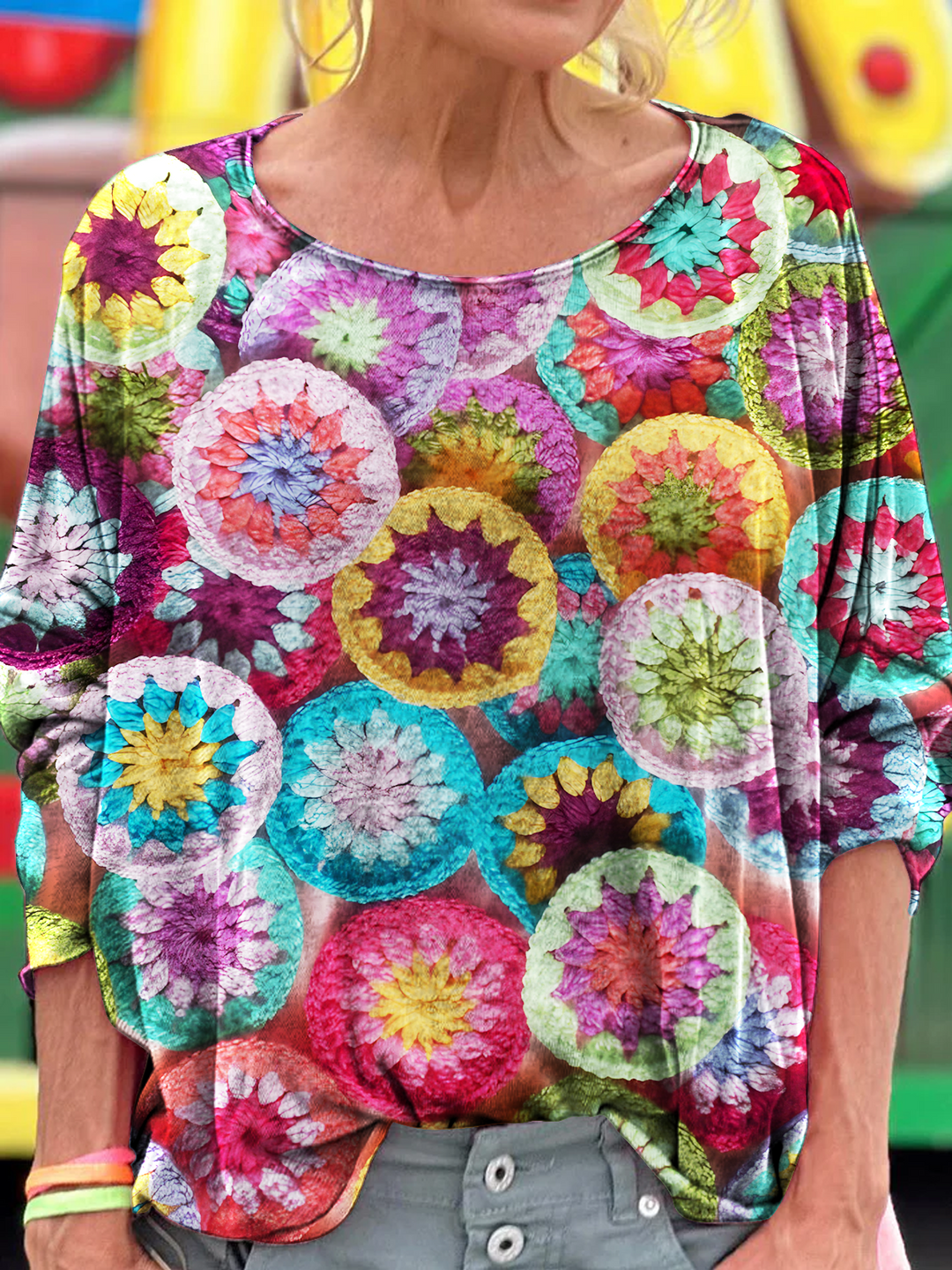 Retro Bohemian Knit Texture Print Dropped Shoulders Long Sleeves T-shirt