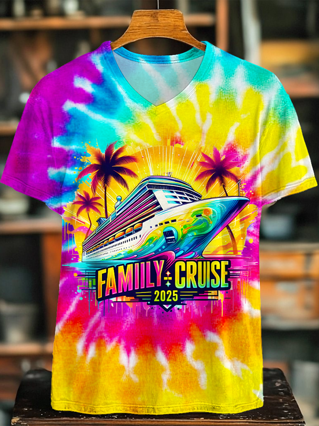 Colorful Tie dye Family Cruise 2025 V-neck T-Shirt