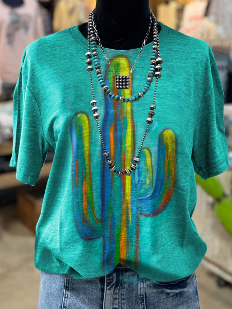 Vintage Western Cactus Art Crew Neck T-shirt