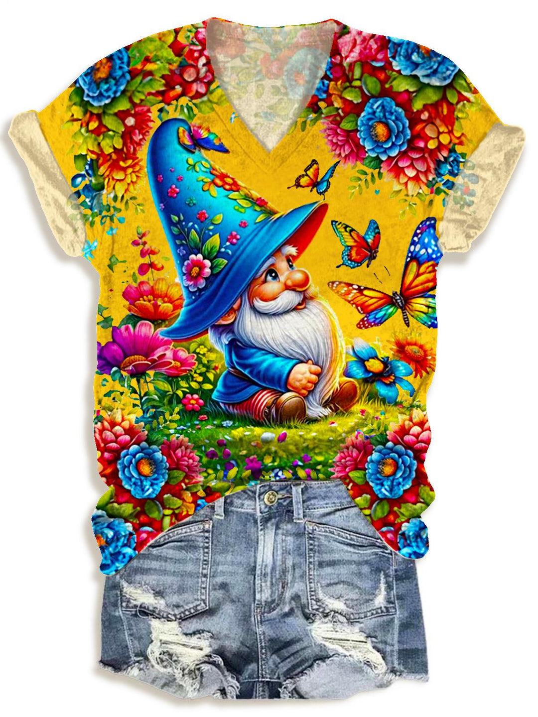 Retro Floral Summer Cute Gnome Print V-neck T-Shirt