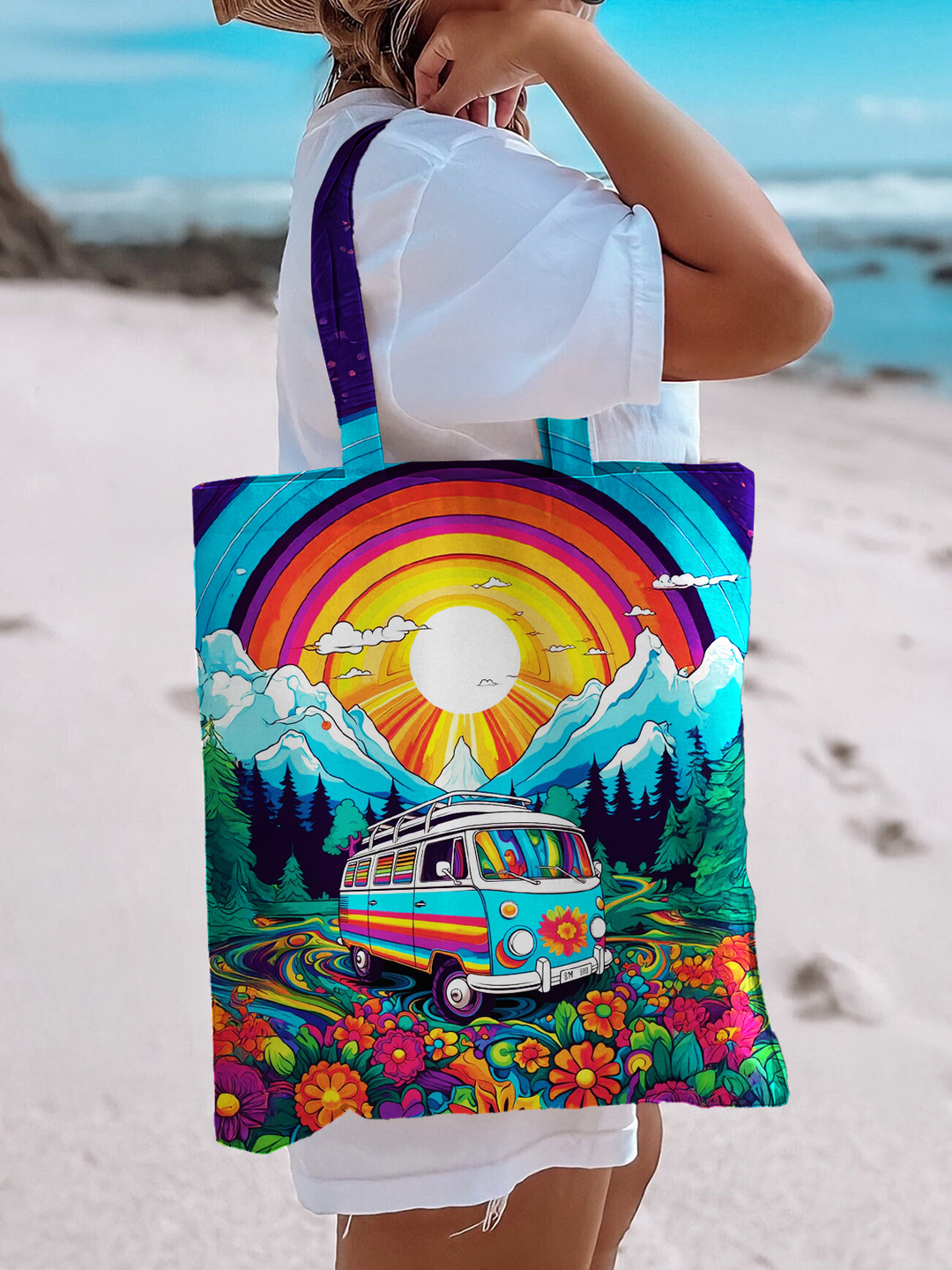 Vintage Freedom Hippie Van Art Shoulder Zipper Canvas Bag