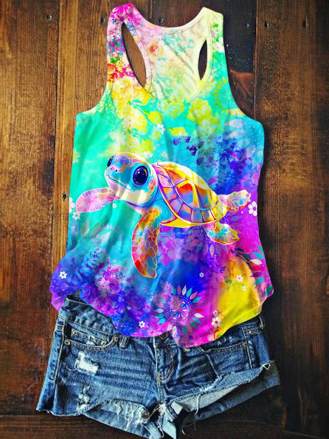 Retro Colorful Turtle Printed Casual Tank Top