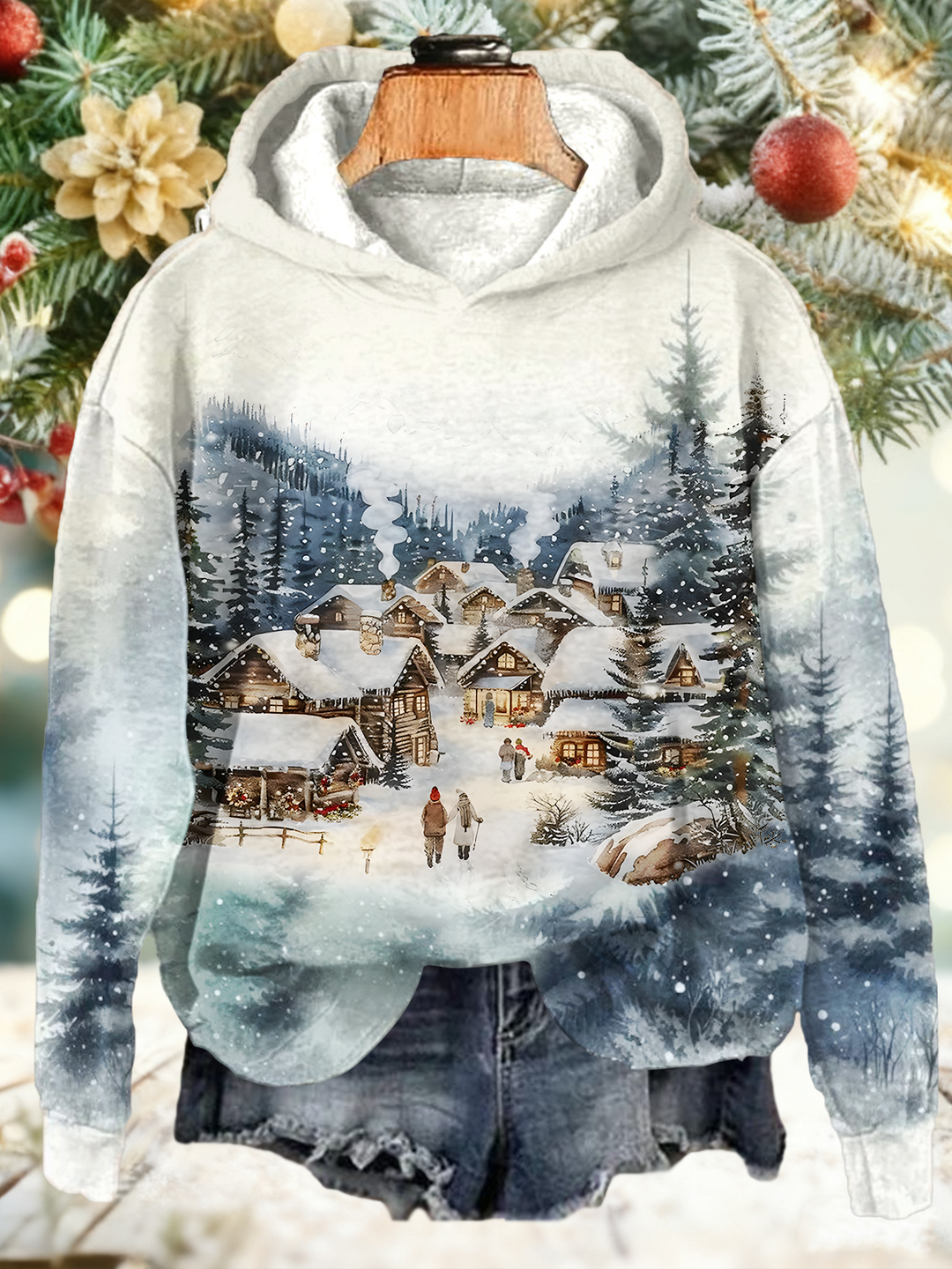 Vintage SmallTown Christmas Long Sleeve Printed Hoodie