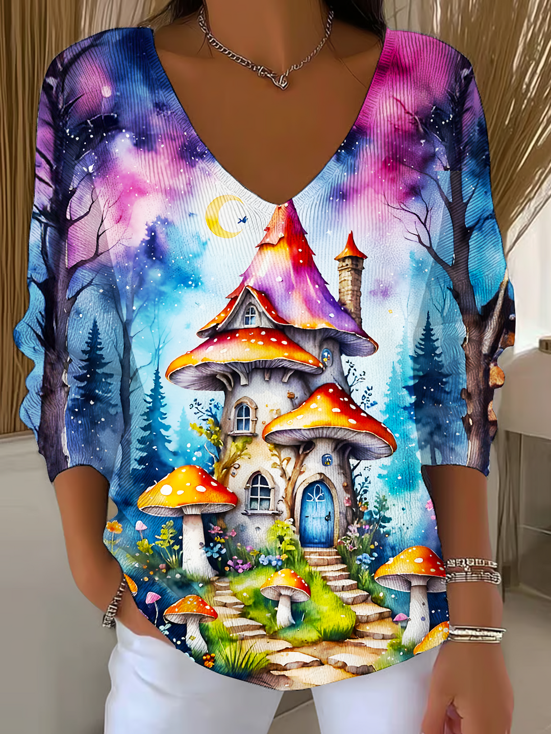 Mushroom Forest Cabin Casual V Neck Pullover Sweater