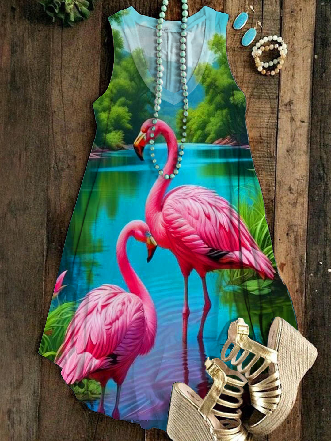 Flamingo And Tropical Leaves Sleeveless V Neck Dress
