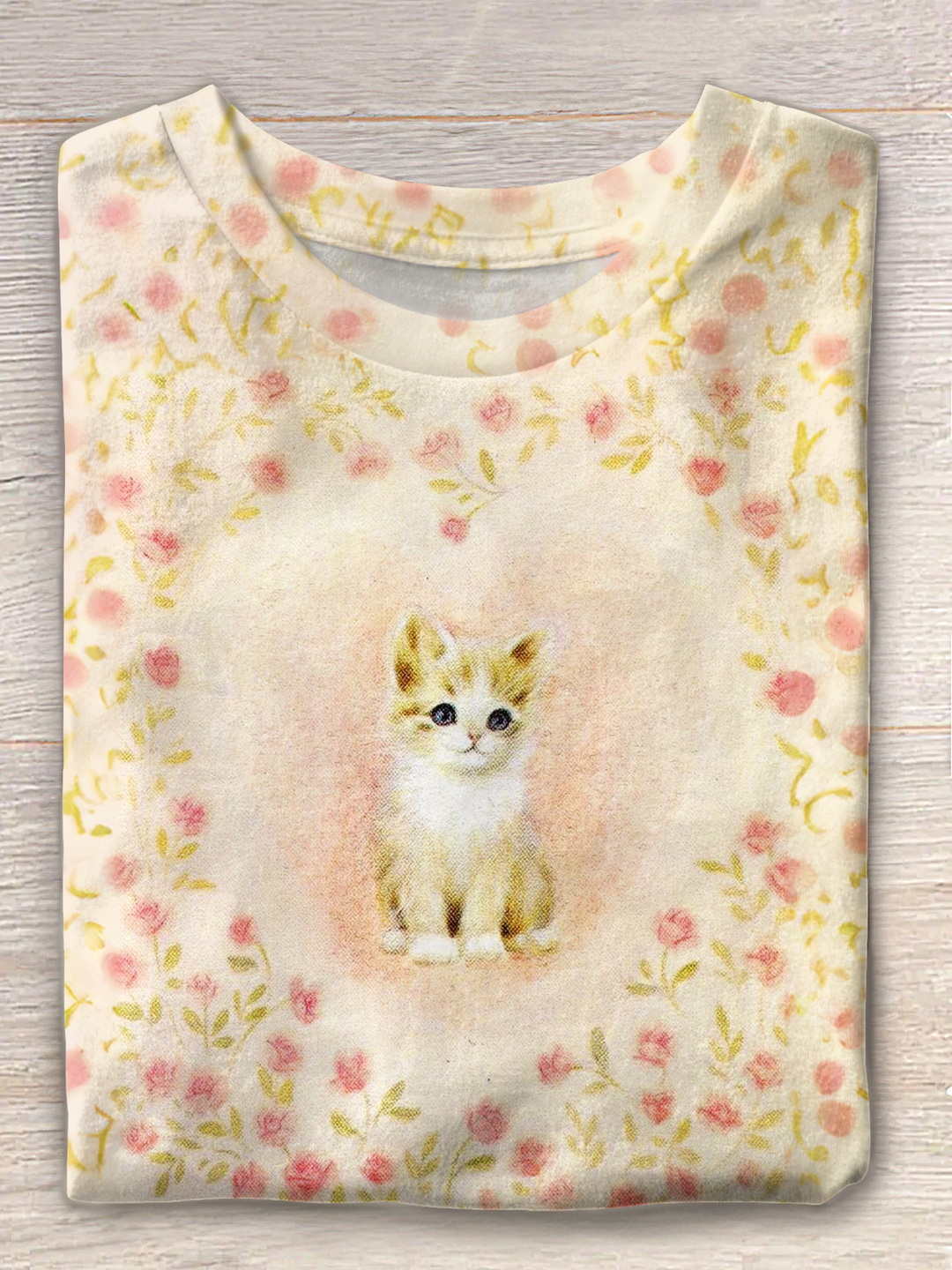 Retro Floral Love Cat Art Crew Neck T-shirt