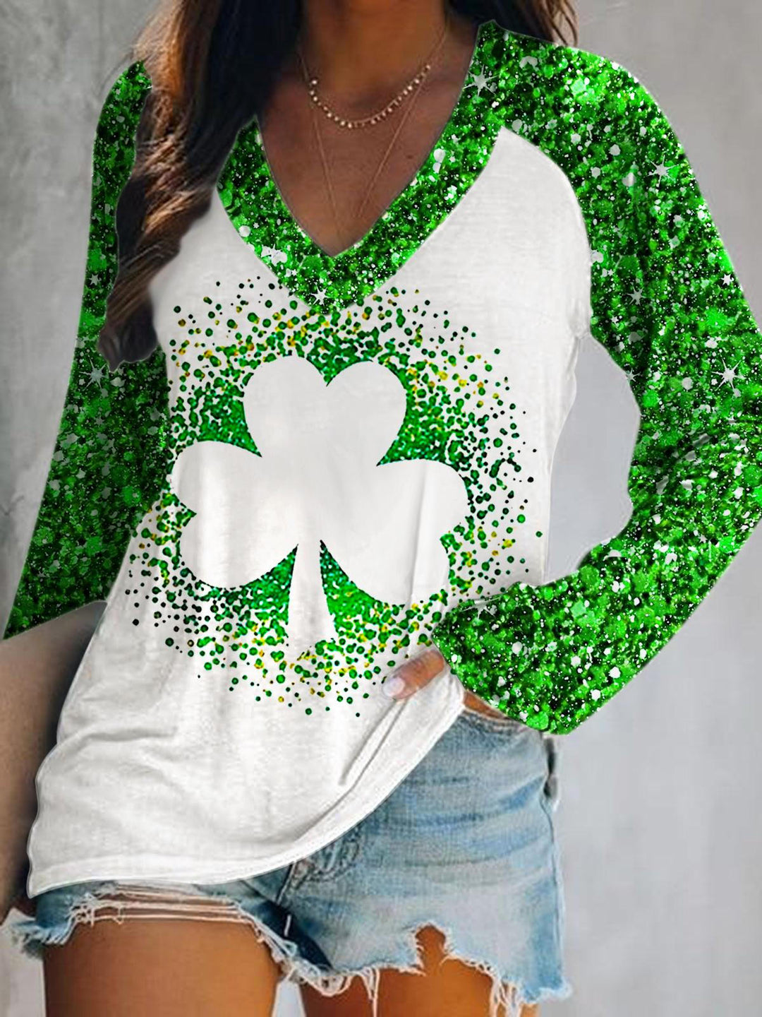 St. Patrick's Clover Sequin Print V-Neck Long Sleeve Top