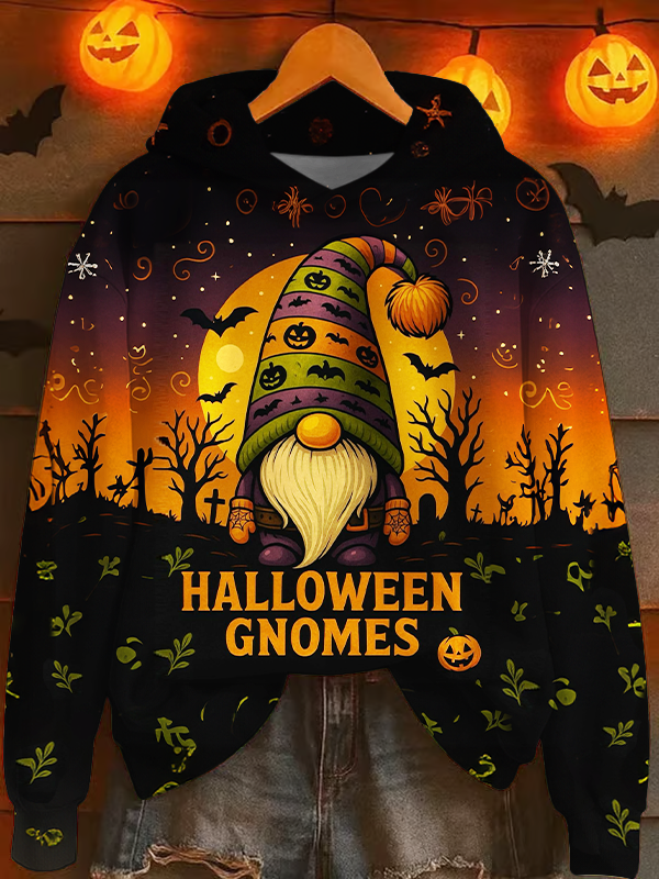 Halloween Gnome Art Long Sleeve Printed Hoodie