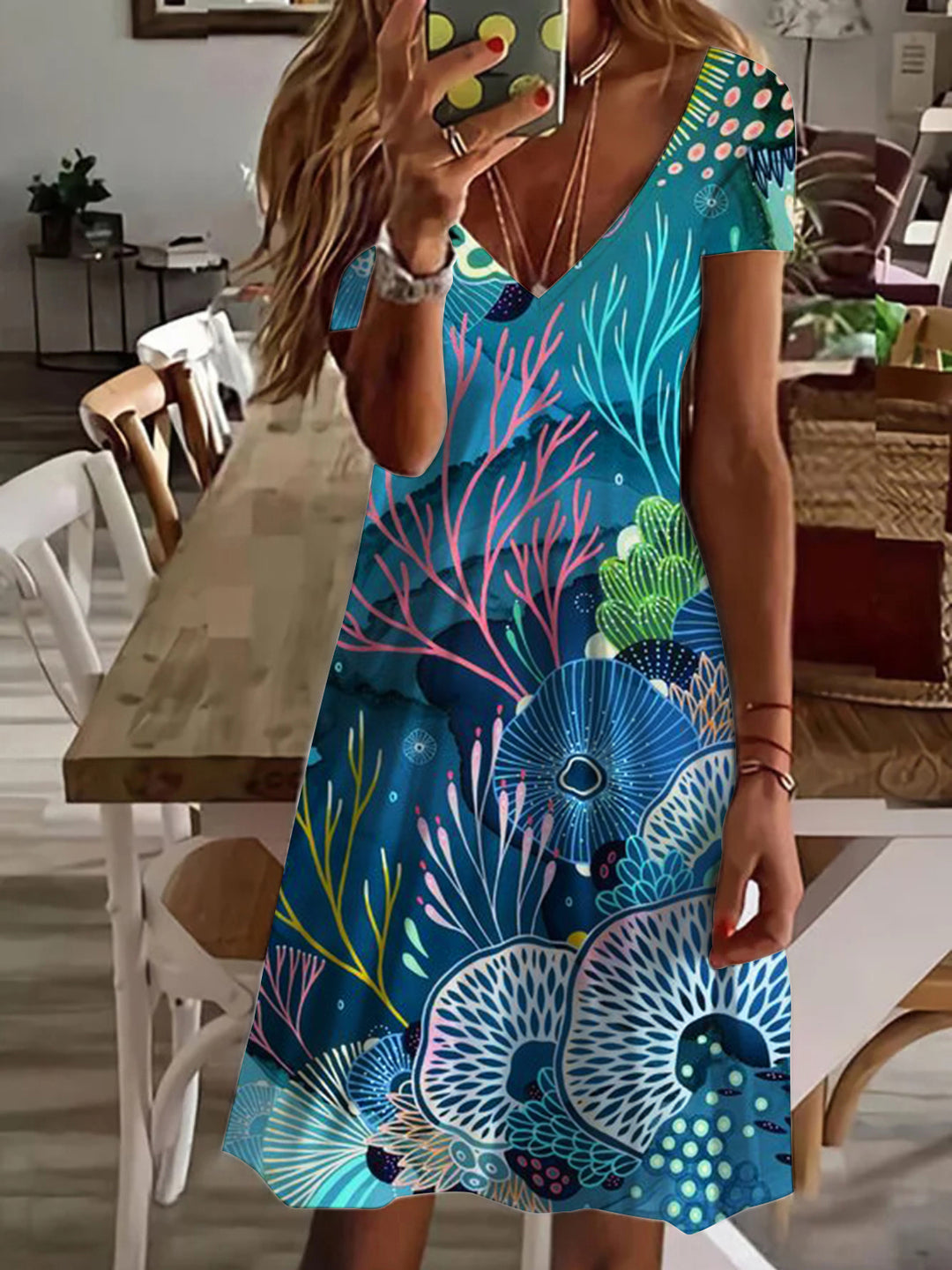 Under The Sea Floral Print V Neck Short Sleeve Dress