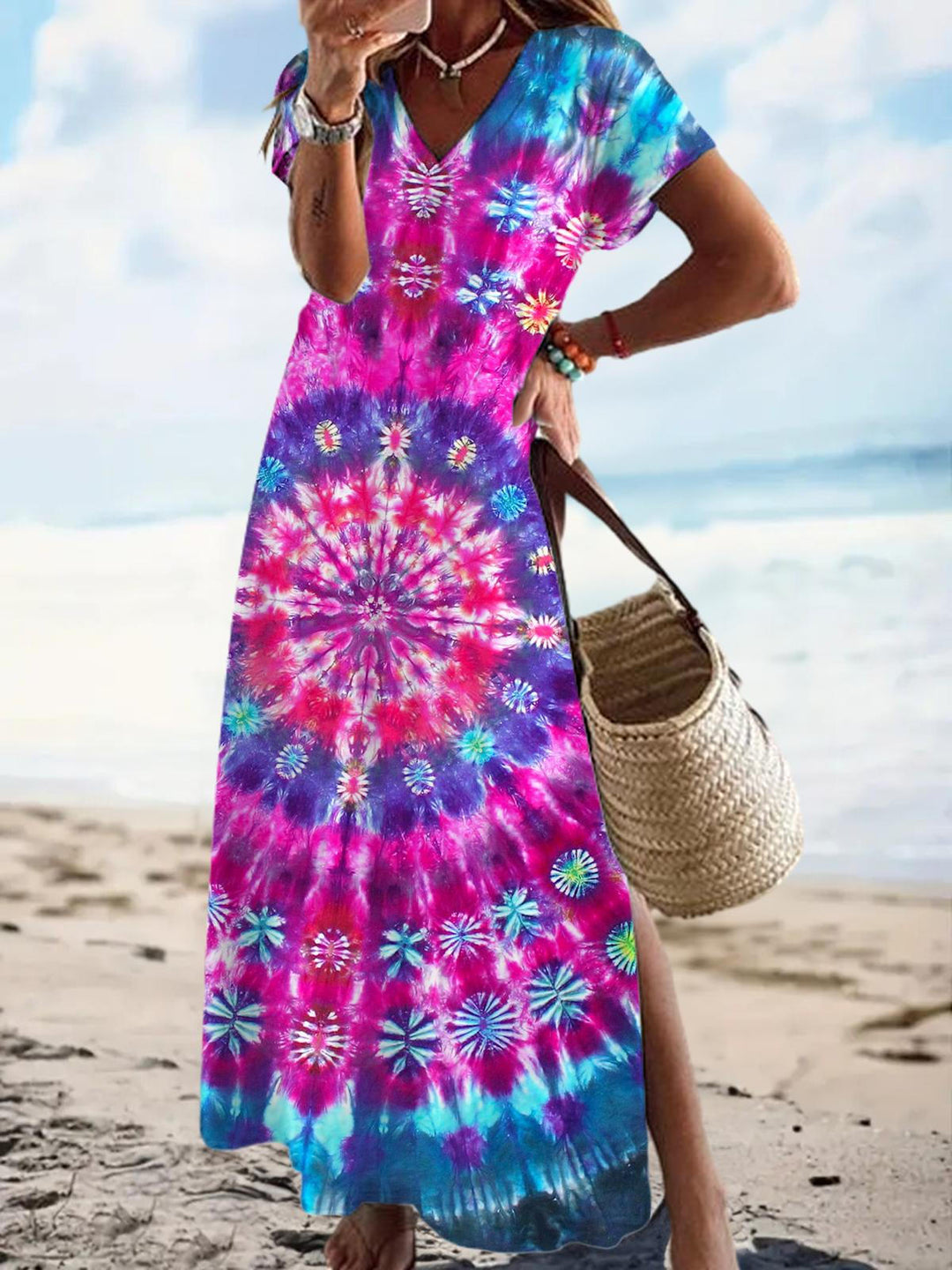 Folk Custom Tie Dye Short Sleeve V Neck Maxi Dress