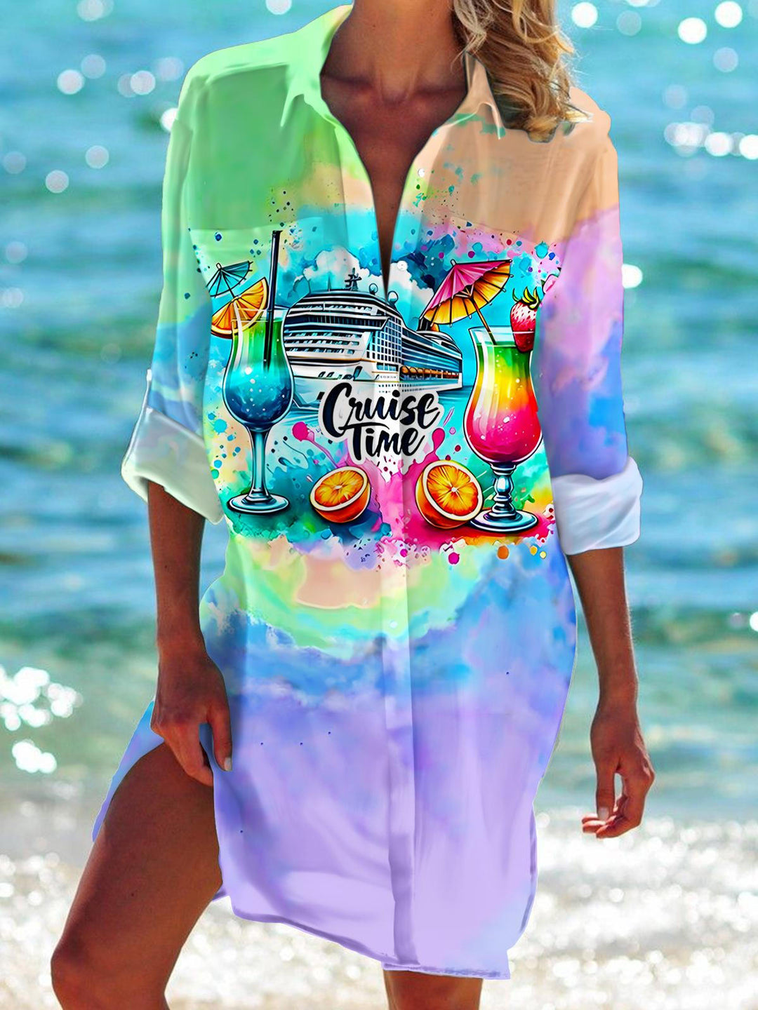 Summer Vacation Travel Day Long Sleeve Beach Shirt Dress