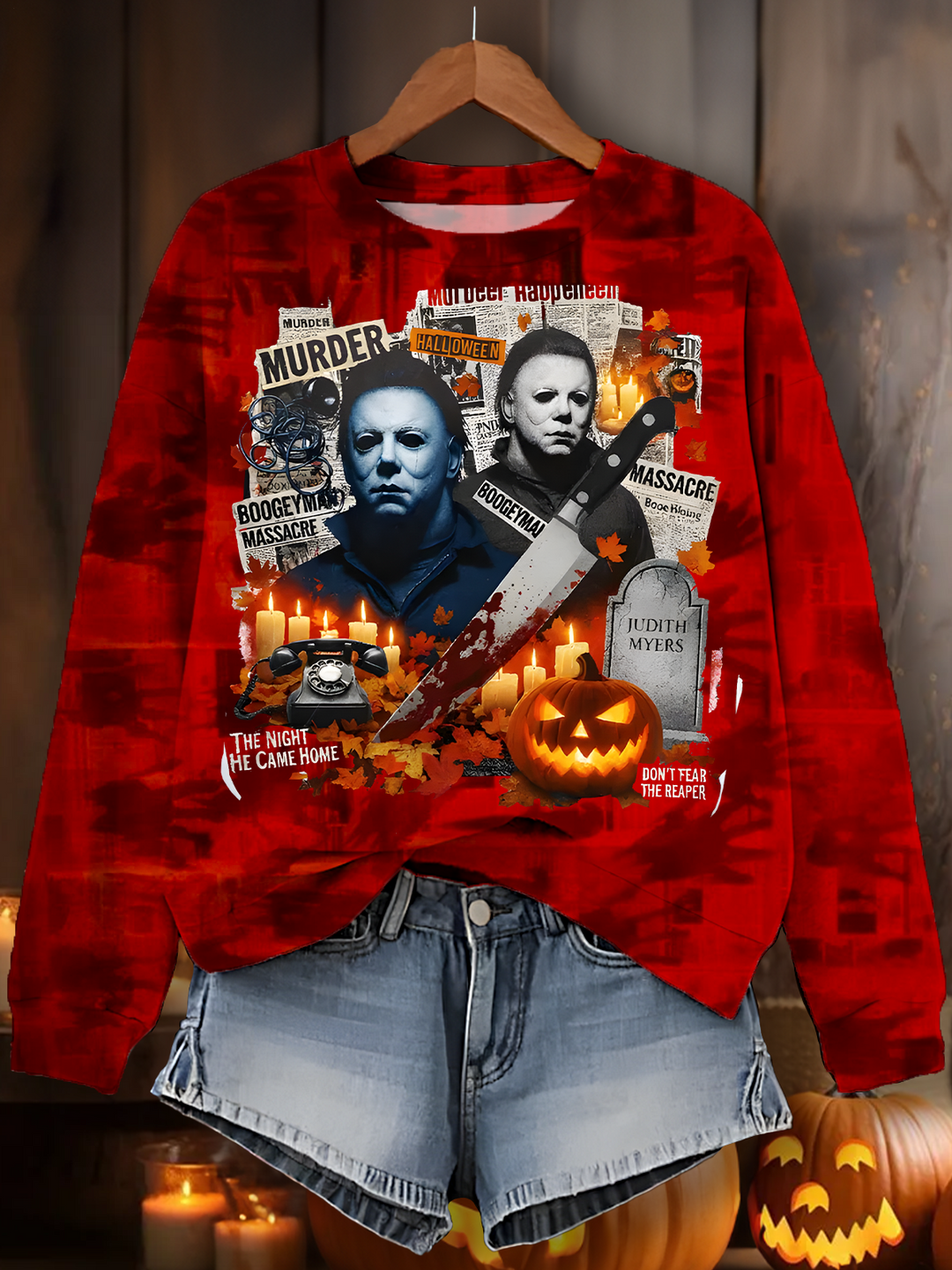 Retro Halloween Characters Printed Long Sleeve Casual Top