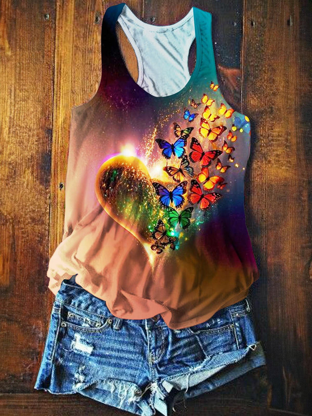 Butterfly Heart Design Printed Casual Tank Top