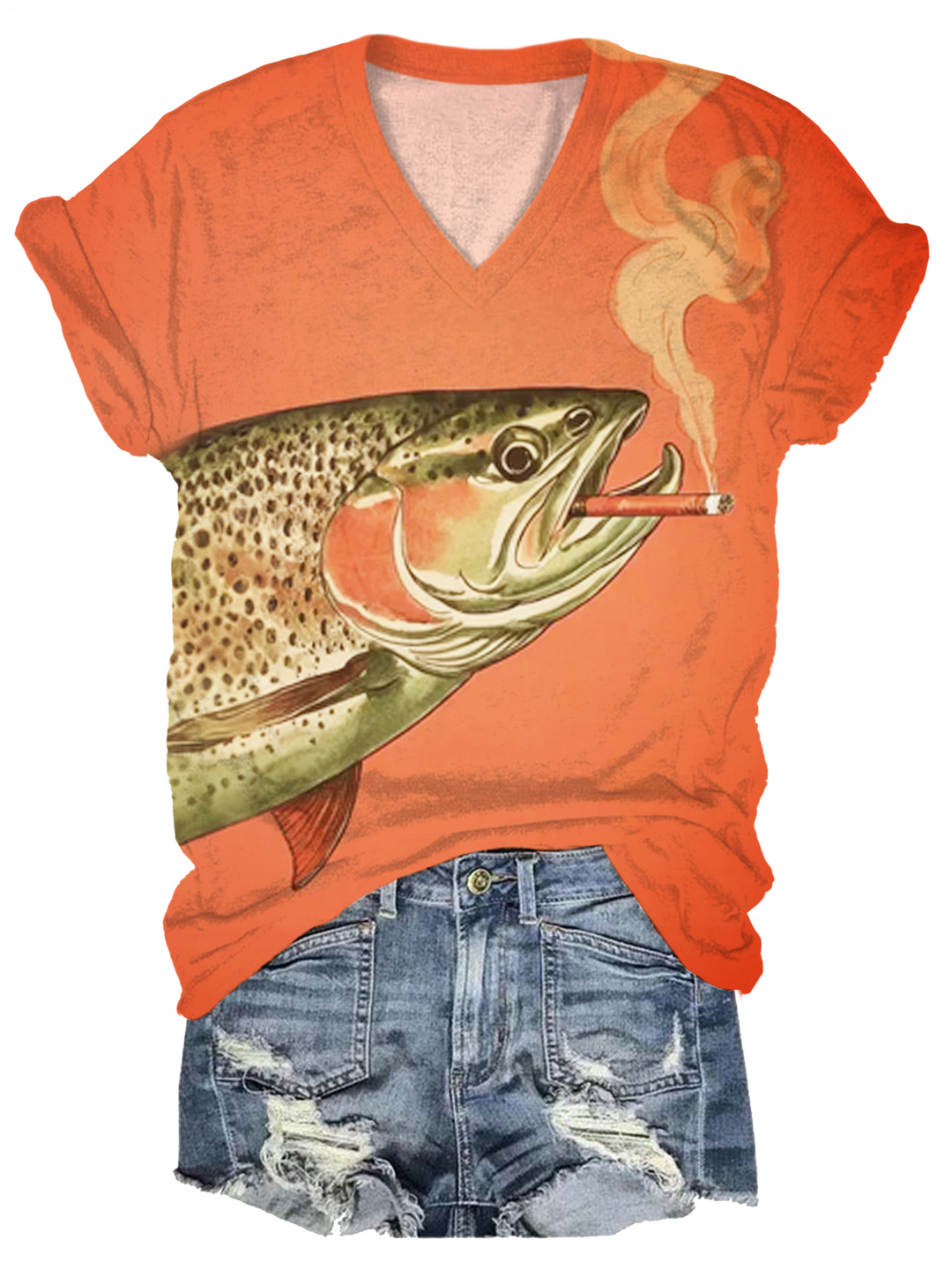 Trout Smoking A Cigarette Vintage Art V-neck T-Shirt