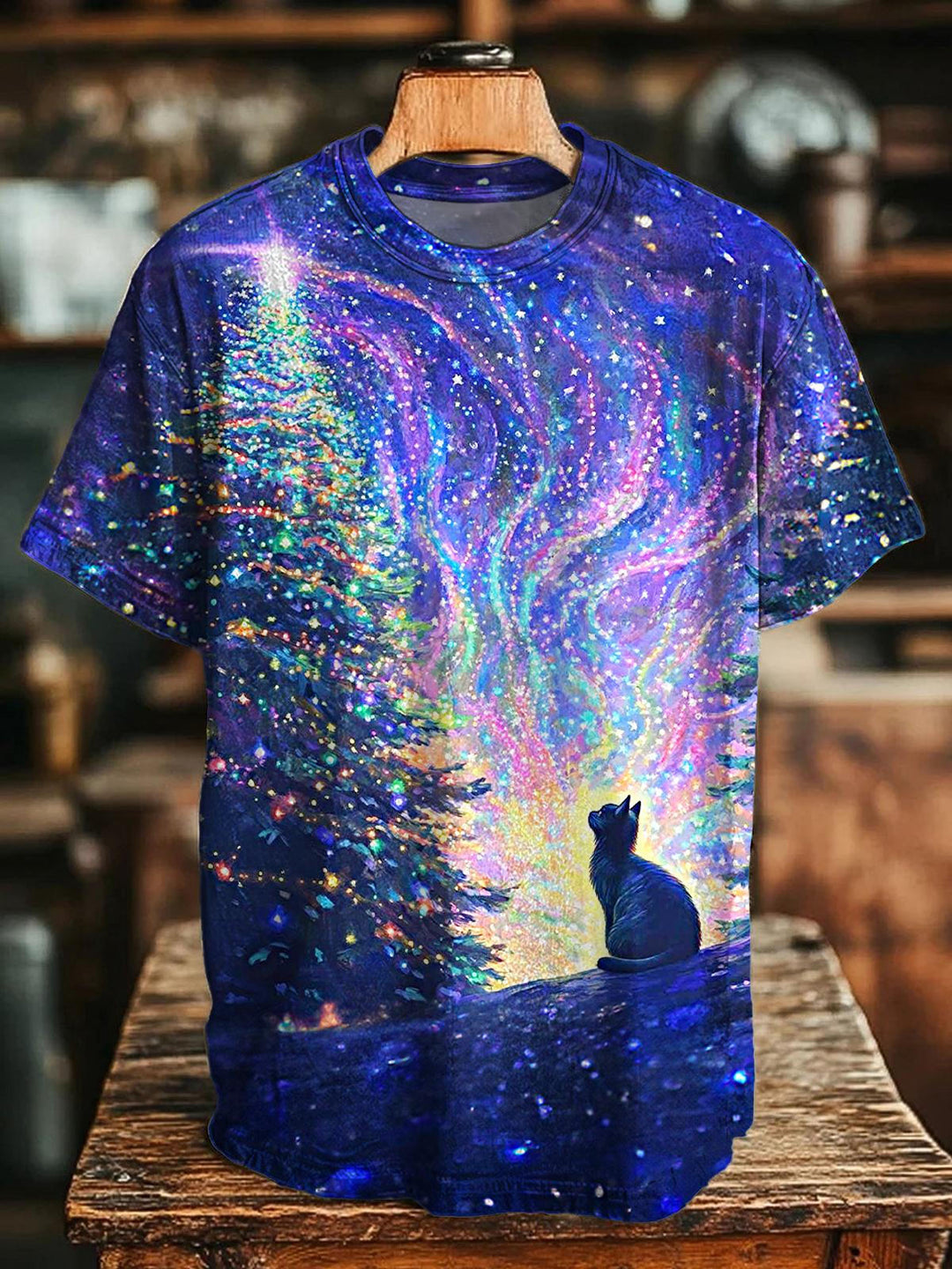 Christmas Starry Cat Crew Neck T-shirt