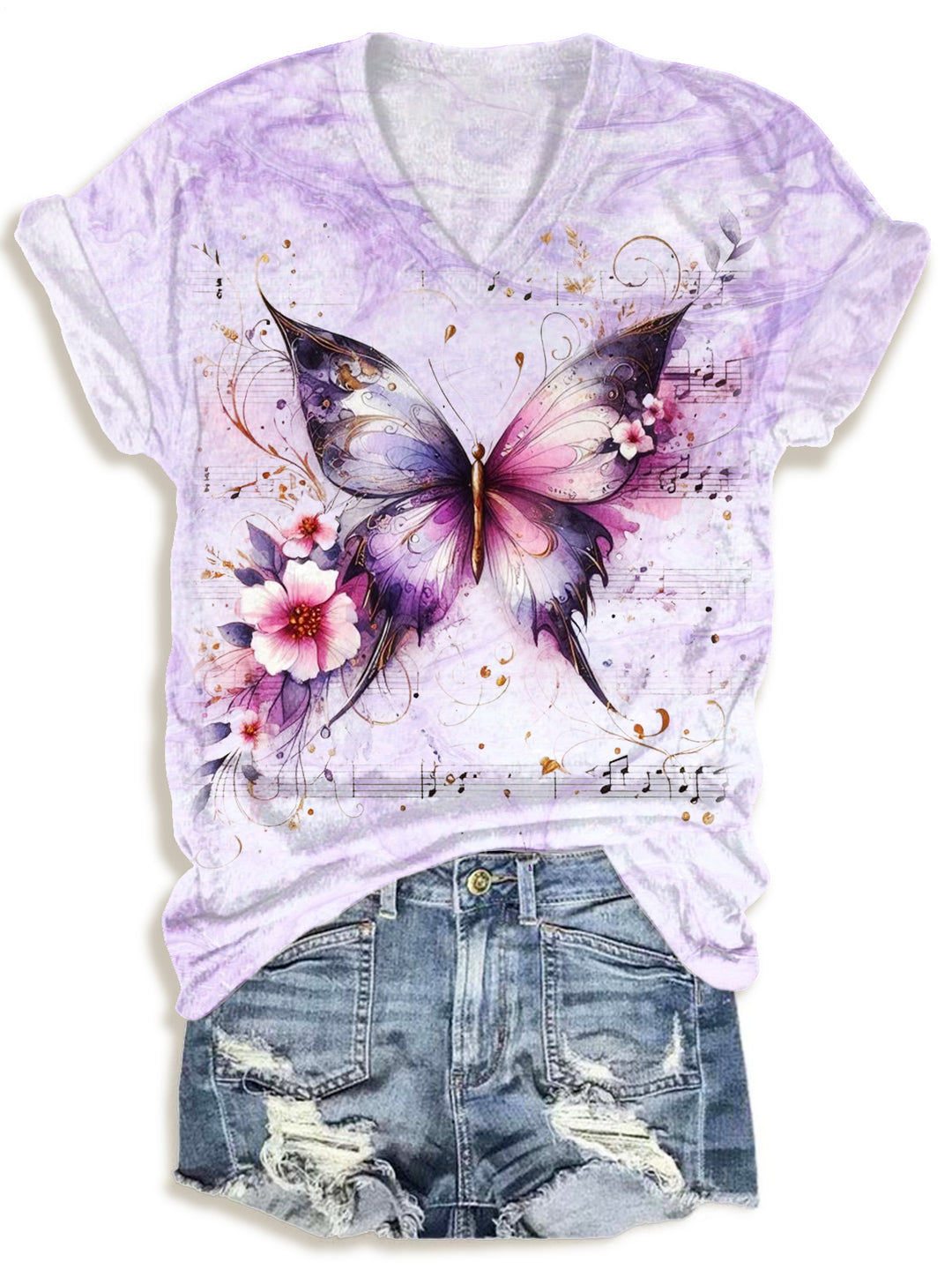 Retro Butterfly And Flowers Print V-neck T-Shirt