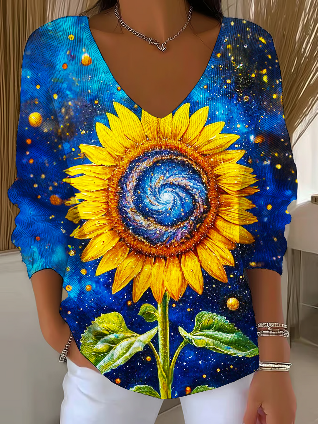Colorful Galaxy Sunflower Casual V Neck Pullover Sweater