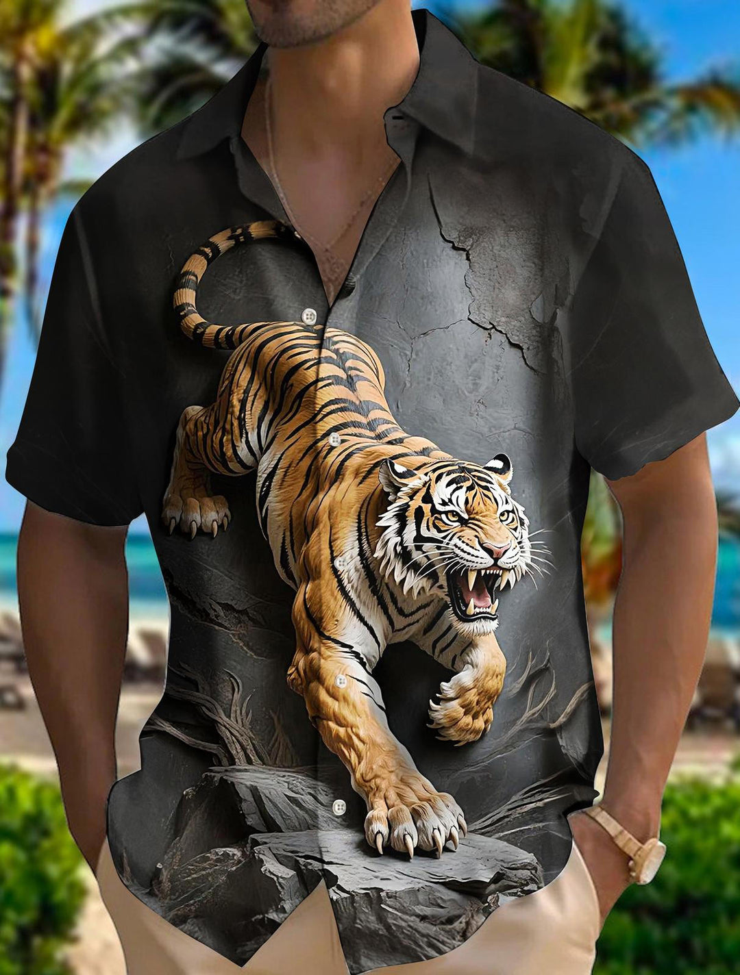 Men's Black And Gold Tiger Print Short Sleeve Shirts