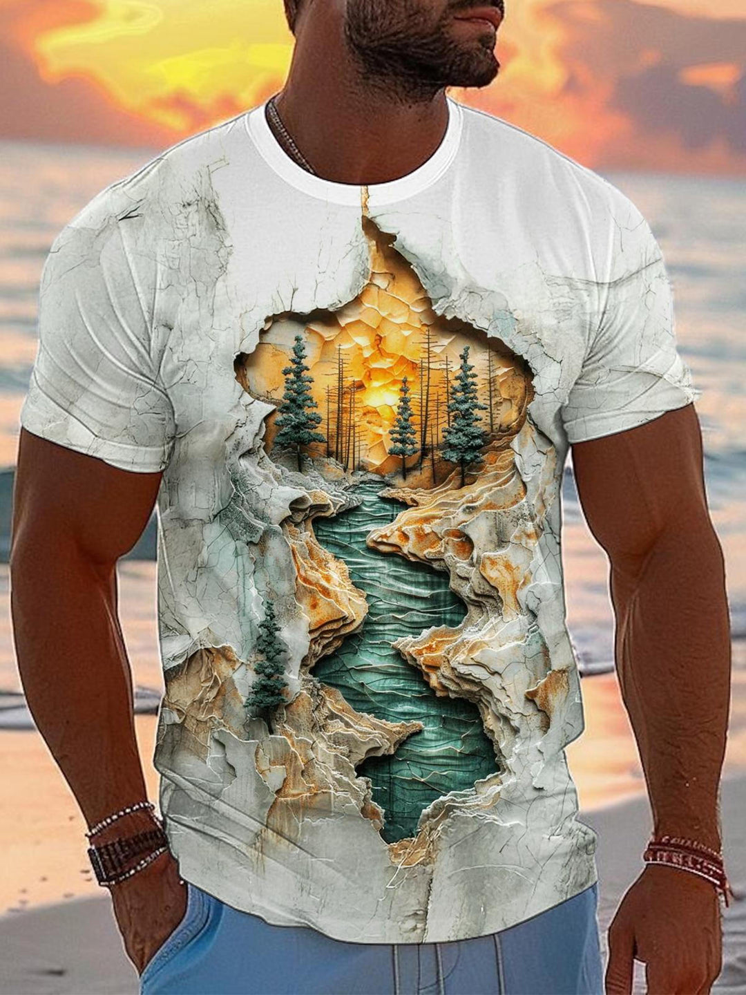 Relief Art Round Neck Short Sleeve Men's T-shirt