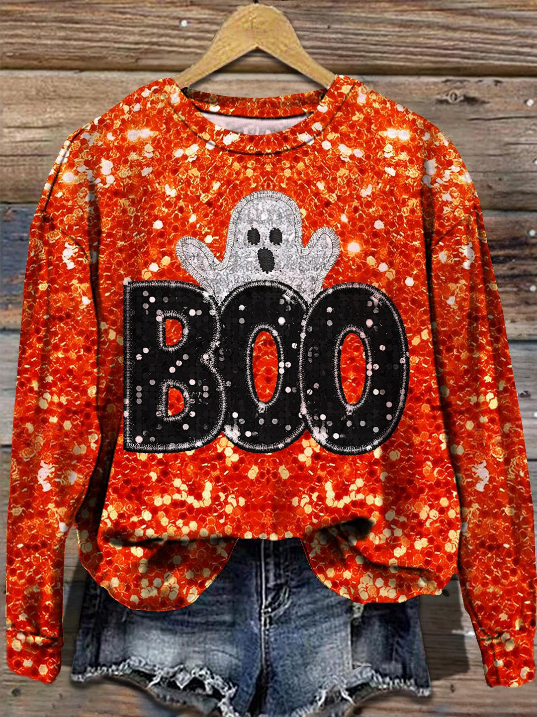 Women's Halloween Glitter Boo Ghost Cute Ghost Season Round Neck Long Sleeve Top