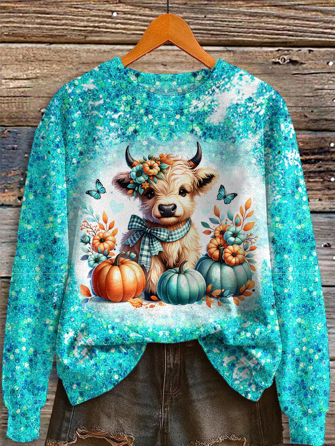 Autumn Pumpkin Highland Cow Print Long Sleeve Casual Top