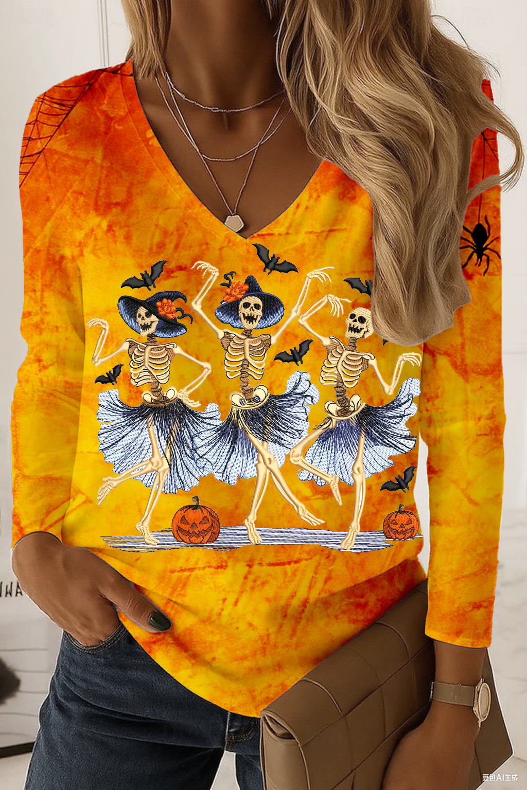 Women's Dancing Skeletons Embroidery Round Neck Long Sleeve T-shirt