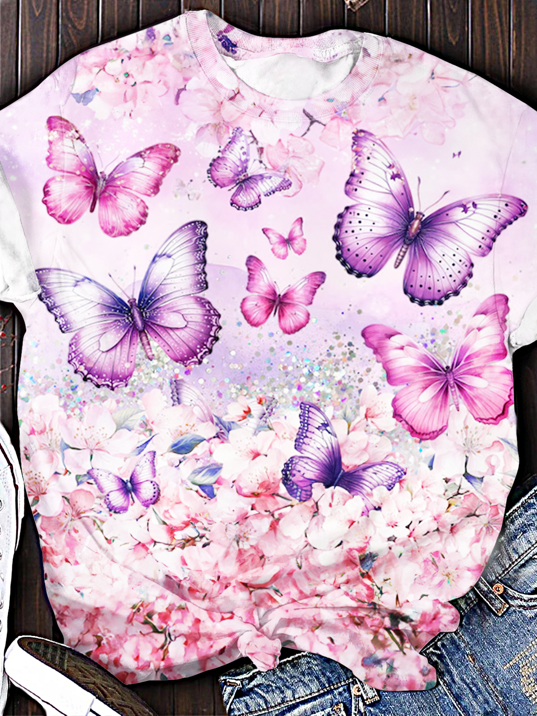 Pink Butterfly Flowers Art Crew Neck T-shirt