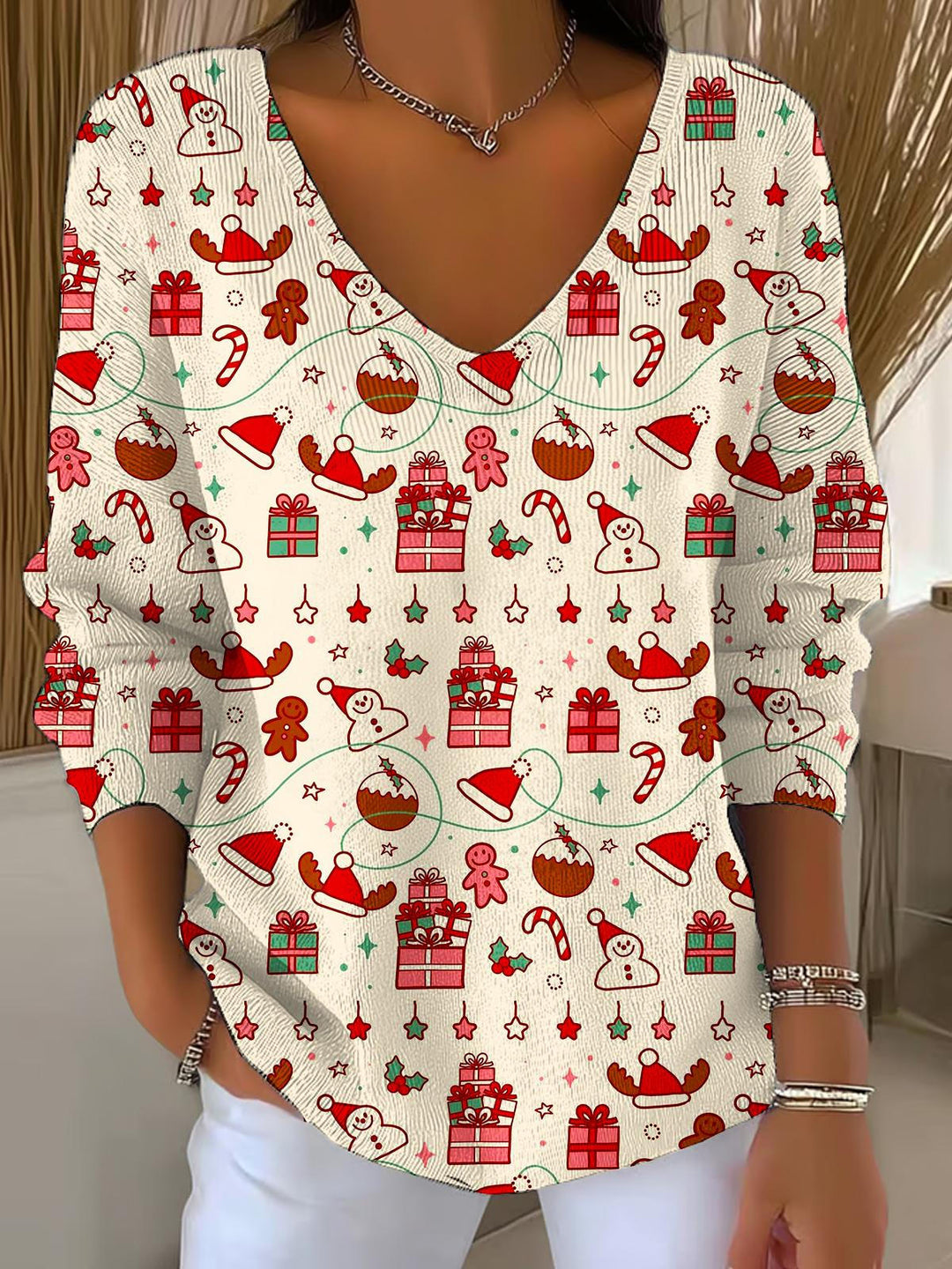 Christmas Cute Print Casual V Neck Pullover Sweater