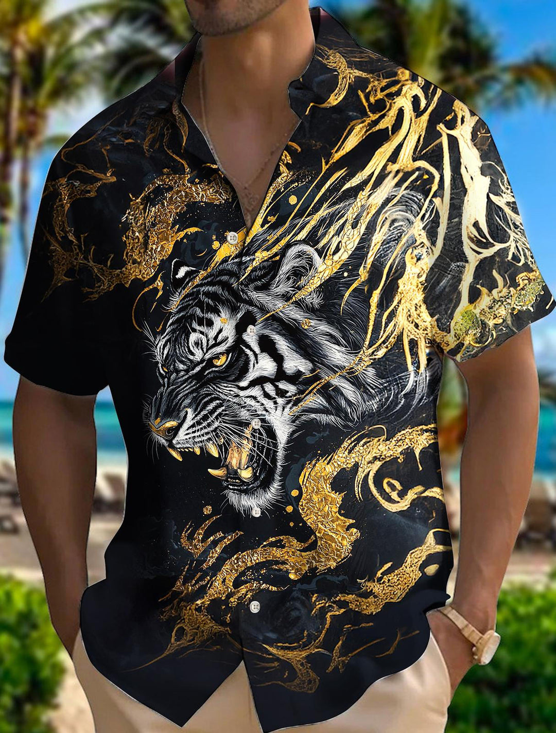 Men's Black And Gold Tiger Print Short Sleeve Shirts