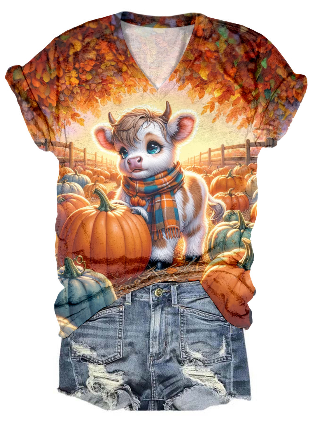 Highland Cow Pumpkin Patch V-Neck Short Sleeve T-Shirt
