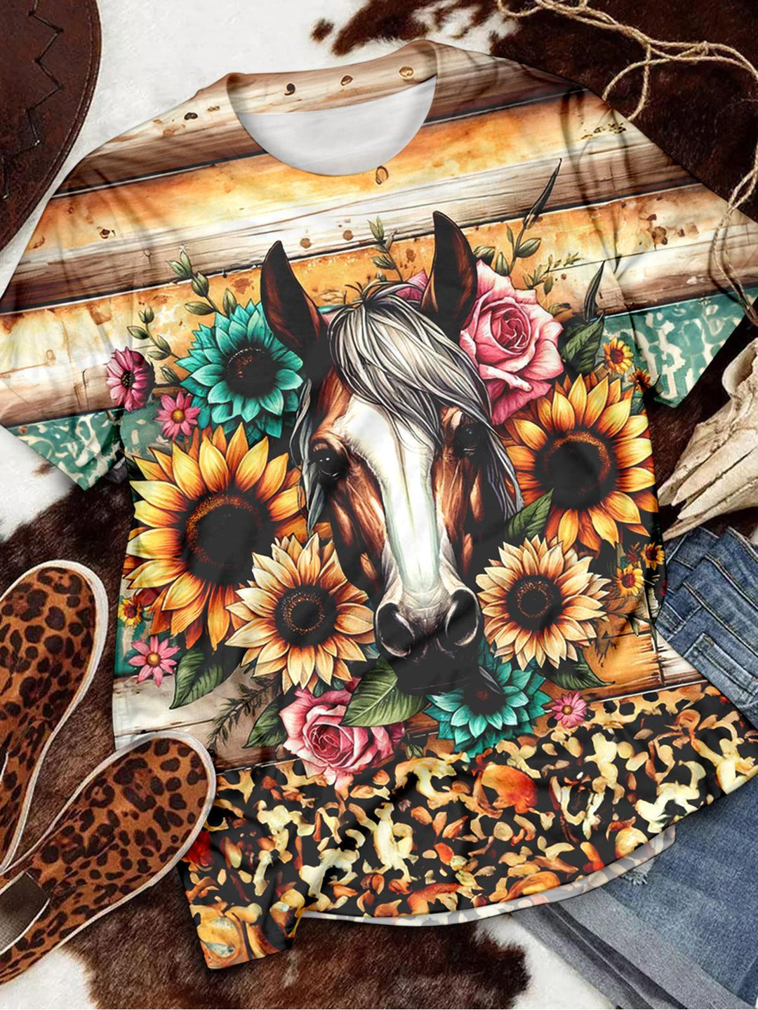 Western Flower Horse Crew Neck T-shirt