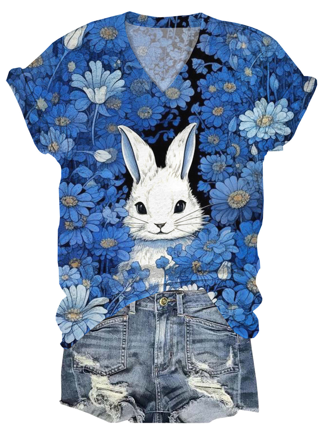 Rabbit Flower V-Neck Short Sleeve T-Shirt
