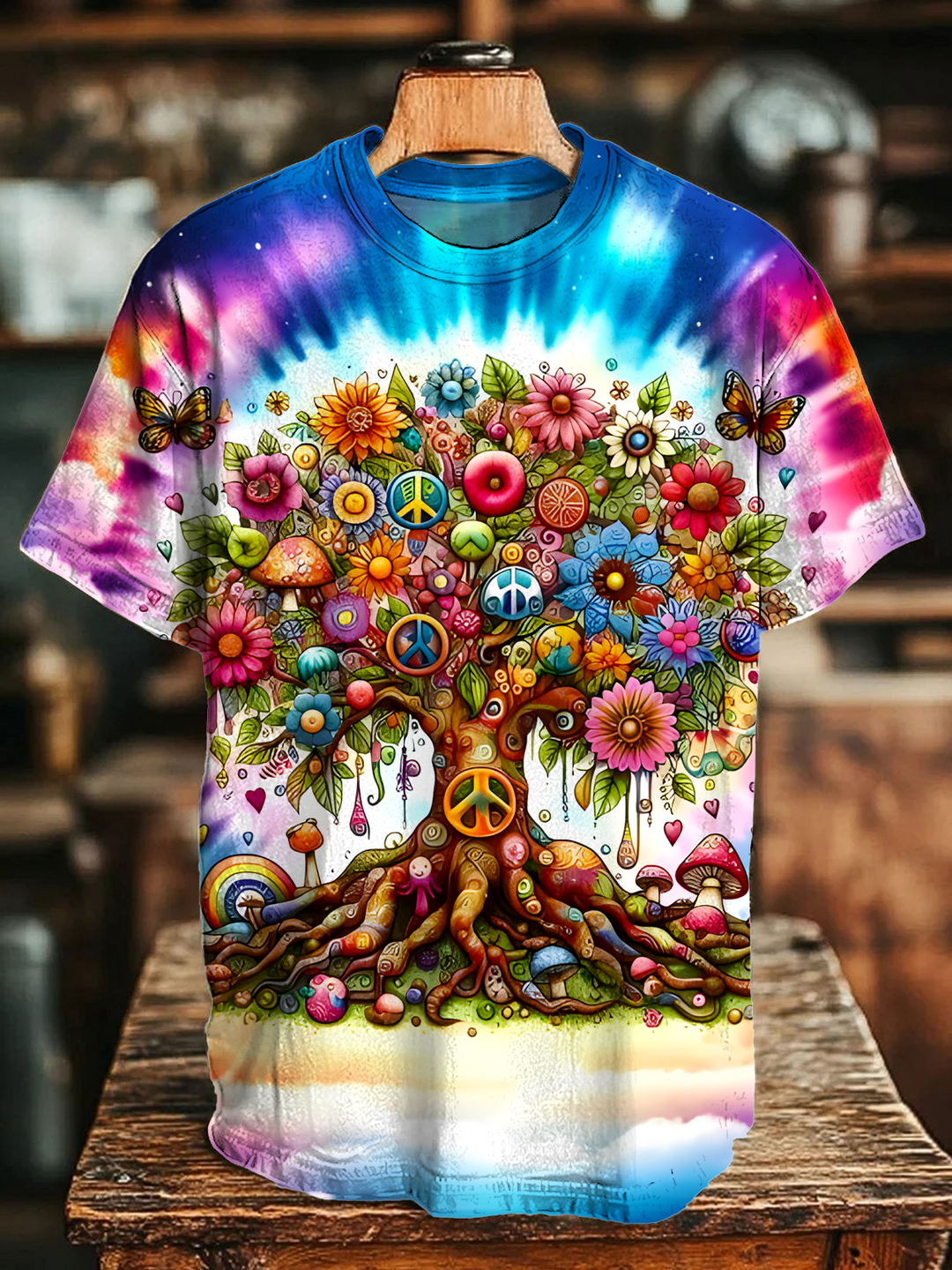 Explosion Cloud Hippie Peace Tree Crew Neck T-shirt
