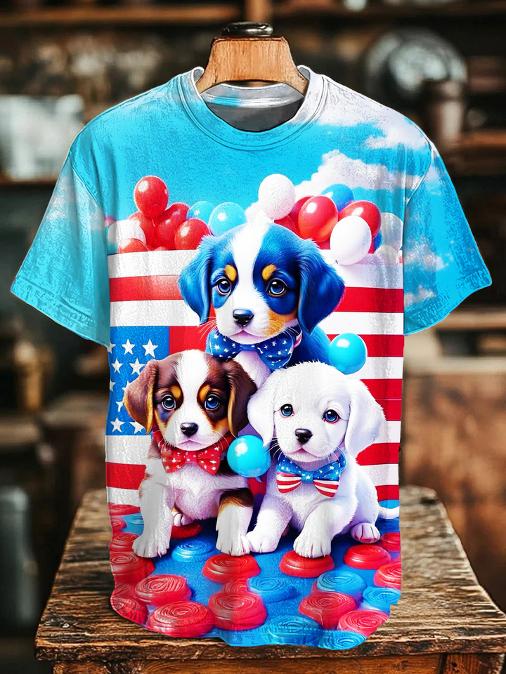Independence Day Fun Block Puppy Art Crew Neck T-shirt