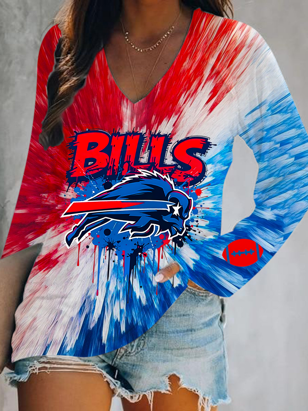 Buffalo Bills Football Print V-Neck Long Sleeve Top