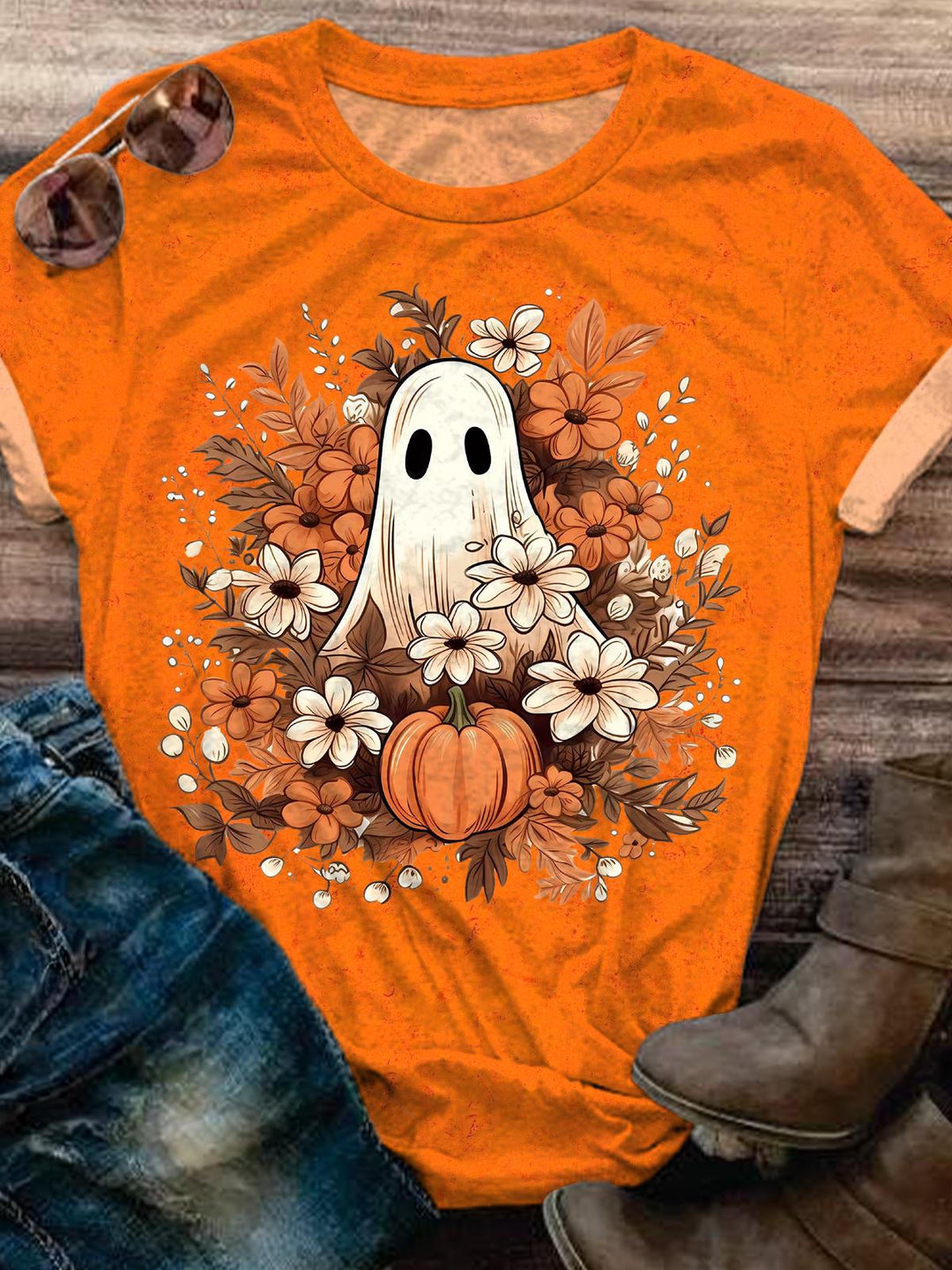 Fall Spooky Ghost Crew Neck T-shirt