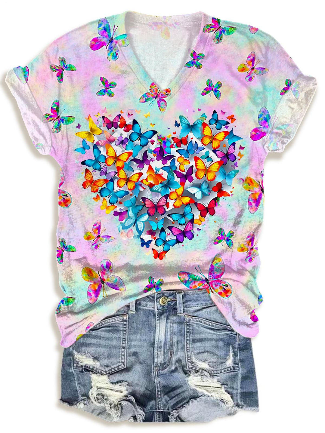 Spring Colorful Butterfly Print V-neck T-Shirt