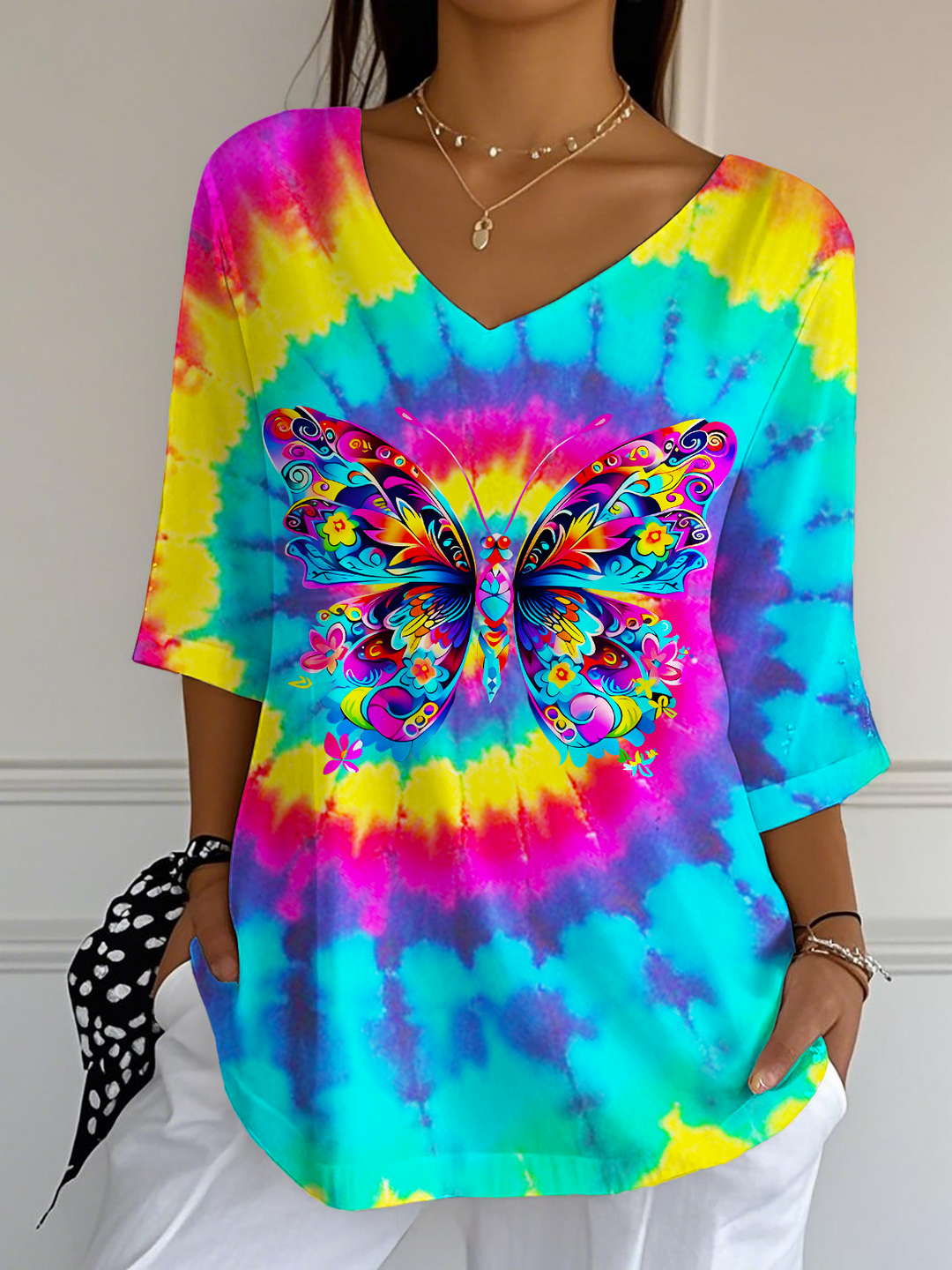 Colorful Tie Dye Hippie Butterfly Art Ladies Loose Short Sleeve T-shirt