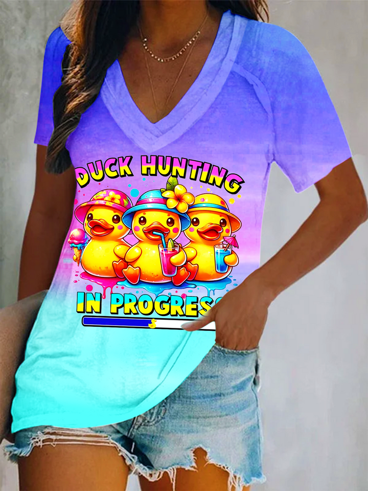 Cruise Duck Hunting In Porgress Short Sleeve V Neck Print Top
