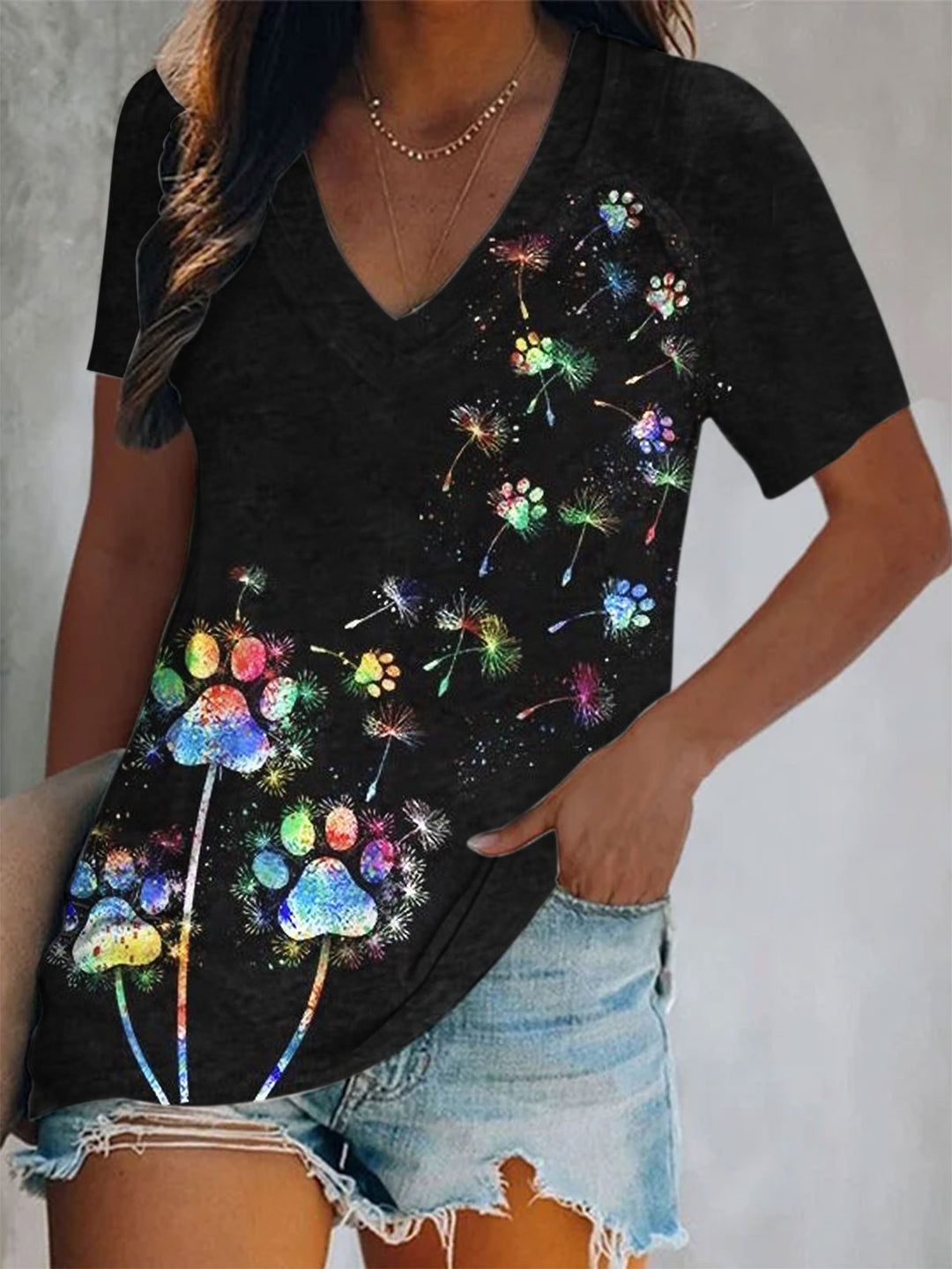 Dog Paw Dandelion Print Casual V-Neck Print Top