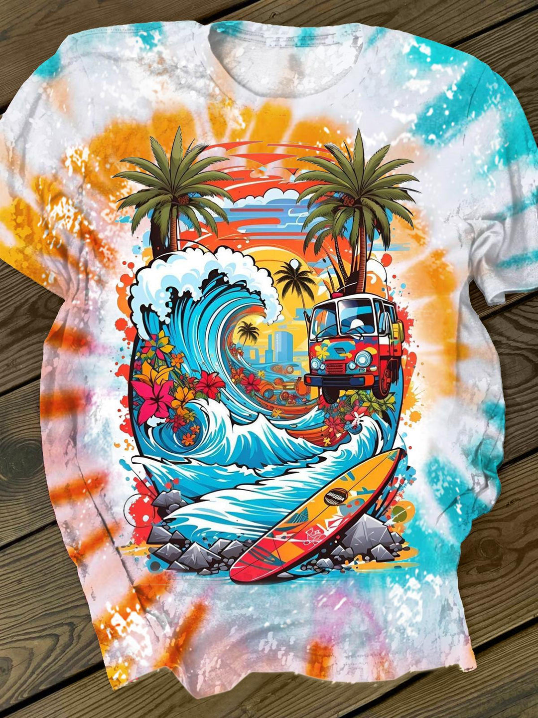 Wave Vacation Print Crew Neck T-shirt